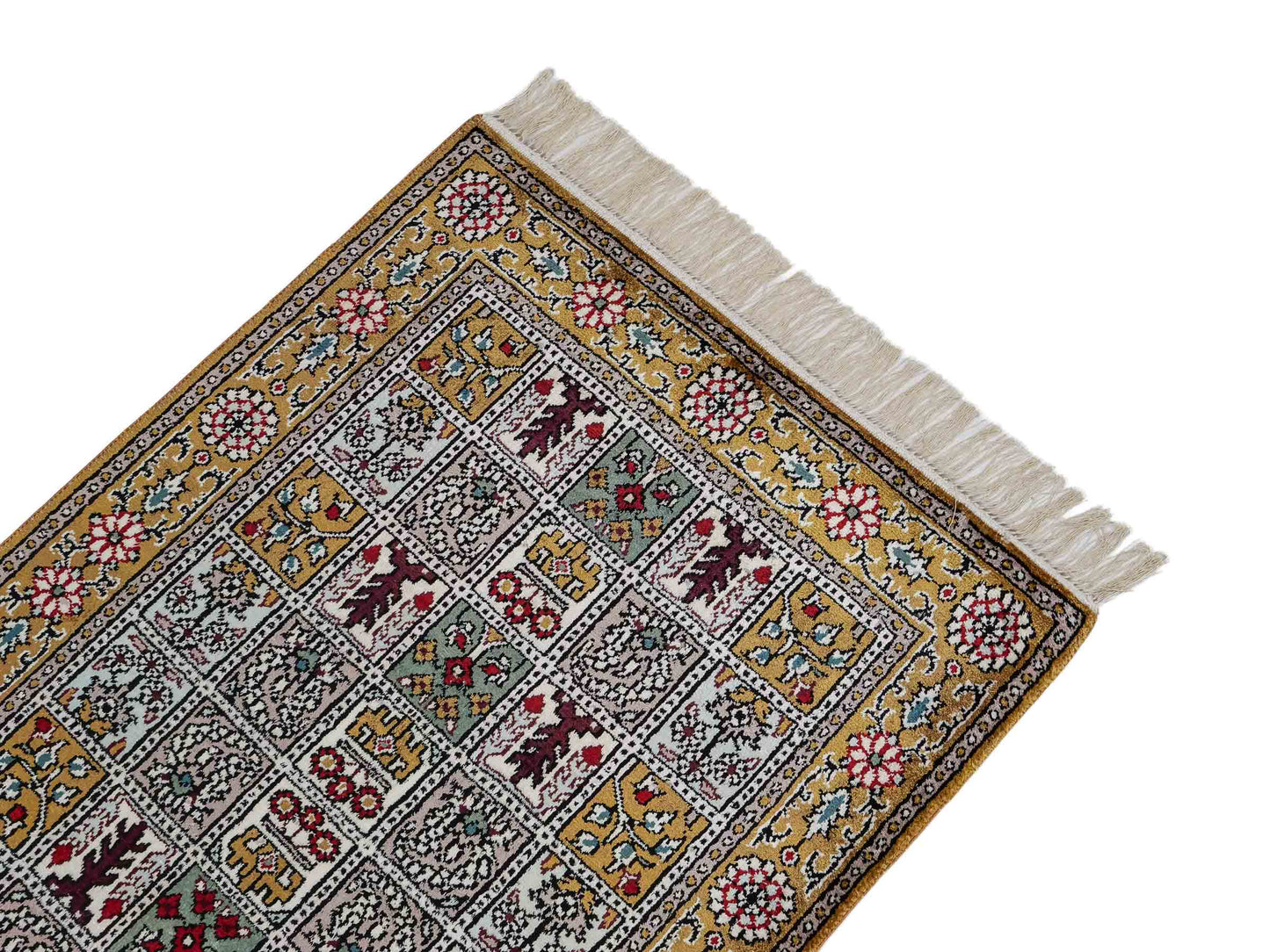 Feiner, handgeknüpfter, chinesischer Orientteppich mit Ghom Design aus Kunstseide, braun, oliv. 92x64 cm. Verkauf durch Jupiter Intl.