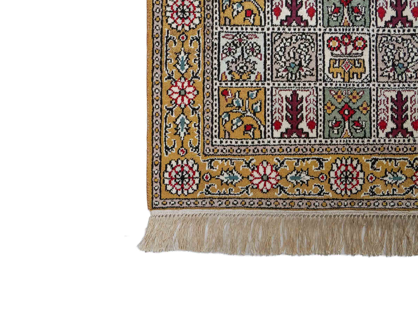 Feiner, handgeknüpfter, chinesischer Orientteppich mit Ghom Design aus Kunstseide, braun, oliv. 92x64 cm. Verkauf durch Jupiter Intl.