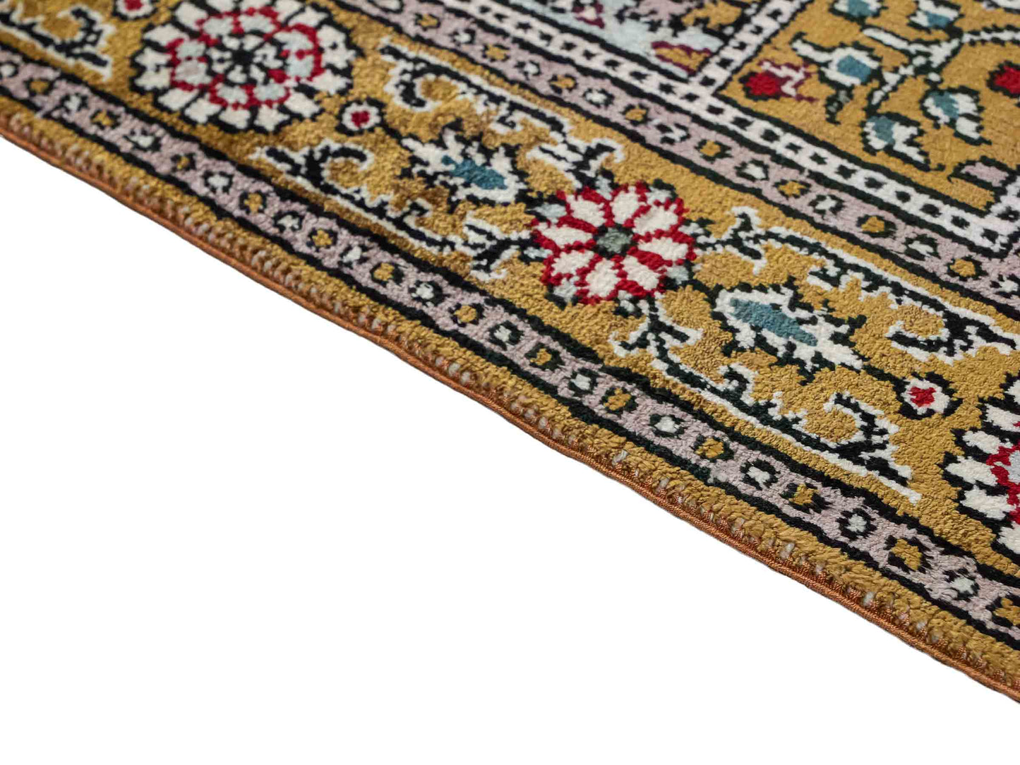 Feiner, handgeknüpfter, chinesischer Orientteppich mit Ghom Design aus Kunstseide, braun, oliv. 93x63 cm. Verkauf durch Jupiter Intl.
