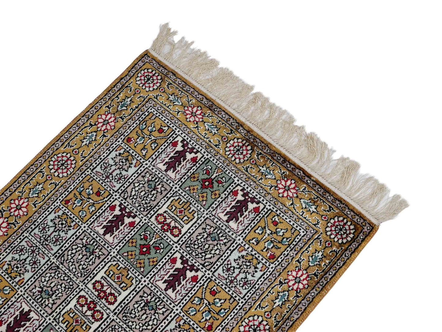 Feiner, handgeknüpfter, chinesischer Orientteppich mit Ghom Design aus Kunstseide, braun, oliv. 93x63 cm. Verkauf durch Jupiter Intl.