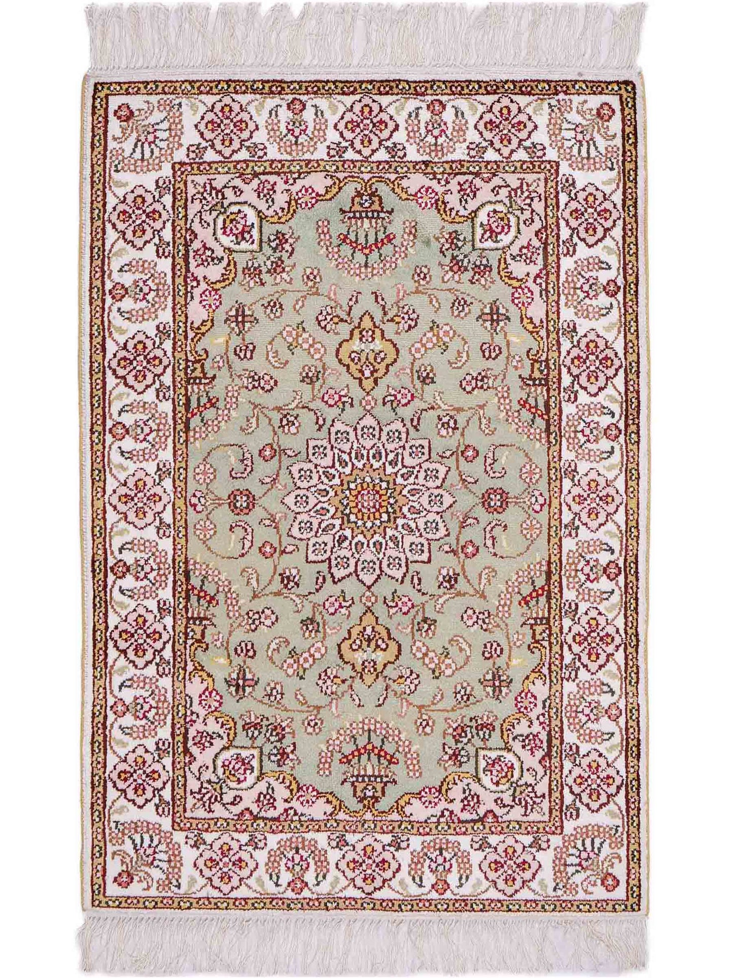 Feiner, handgeknüpfter, chinesischer Orientteppich mit Ghom Design aus Kunstseide, grün, weiß, creme. 93x63 cm. Verkauf durch Jupiter Intl.