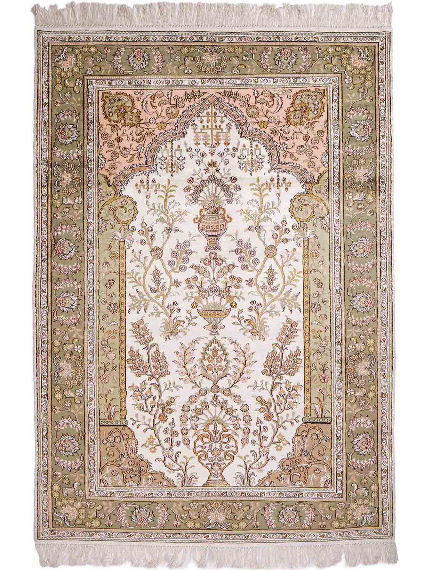 Feiner, handgeknüpfter, chinesischer Orientteppich mit Hereke Design aus Kunstseide, grün, creme, weiß. 181x123 cm. Verkauf durch Jupiter Intl.