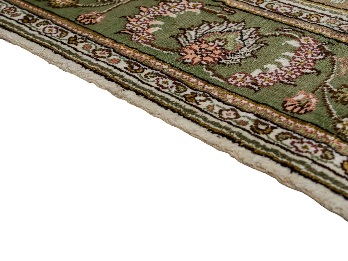 Feiner, handgeknüpfter, chinesischer Orientteppich mit Hereke Design aus Kunstseide, grün, creme, weiß. 181x123 cm. Verkauf durch Jupiter Intl.