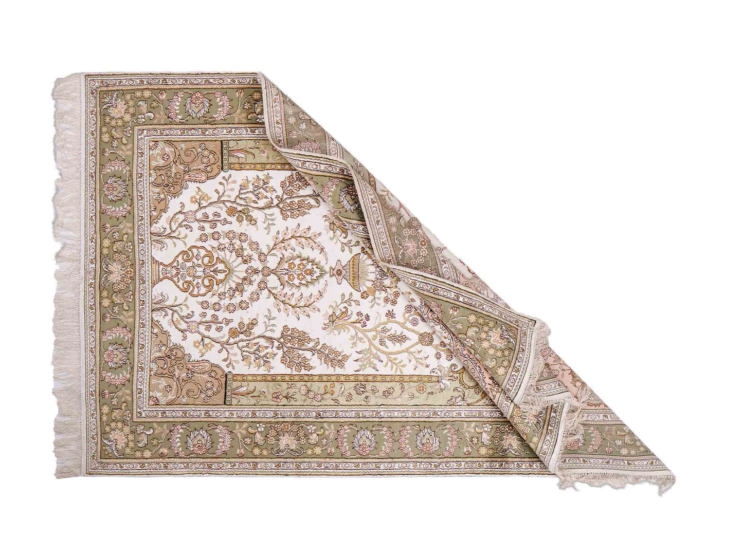 Feiner, handgeknüpfter, chinesischer Orientteppich mit Hereke Design aus Kunstseide, grün, creme, weiß. 181x123 cm. Verkauf durch Jupiter Intl.