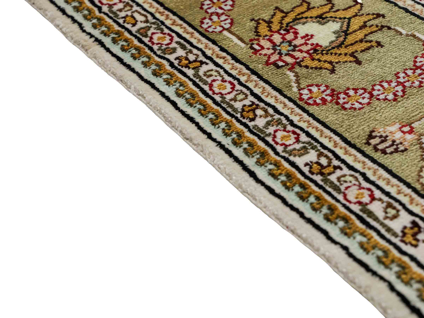 Feiner, handgeknüpfter, chinesischer Orientteppich mit Hereke Design aus Kunstseide, weiß, creme, gold, beige. 183x124 cm. Verkauf durch Jupiter Intl.
