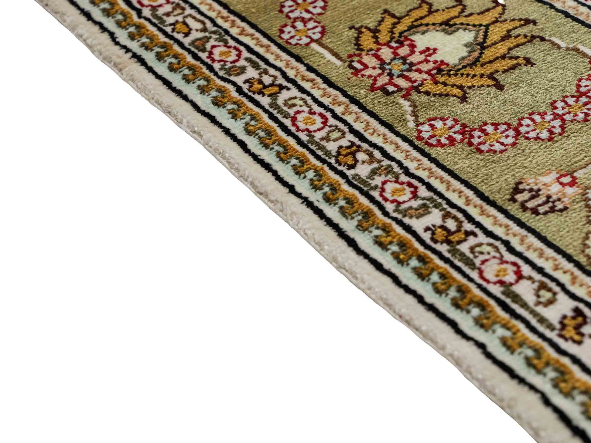 Feiner, handgeknüpfter, chinesischer Orientteppich mit Hereke Design aus Kunstseide, weiß, creme, gold, beige. 183x124 cm. Verkauf durch Jupiter Intl.