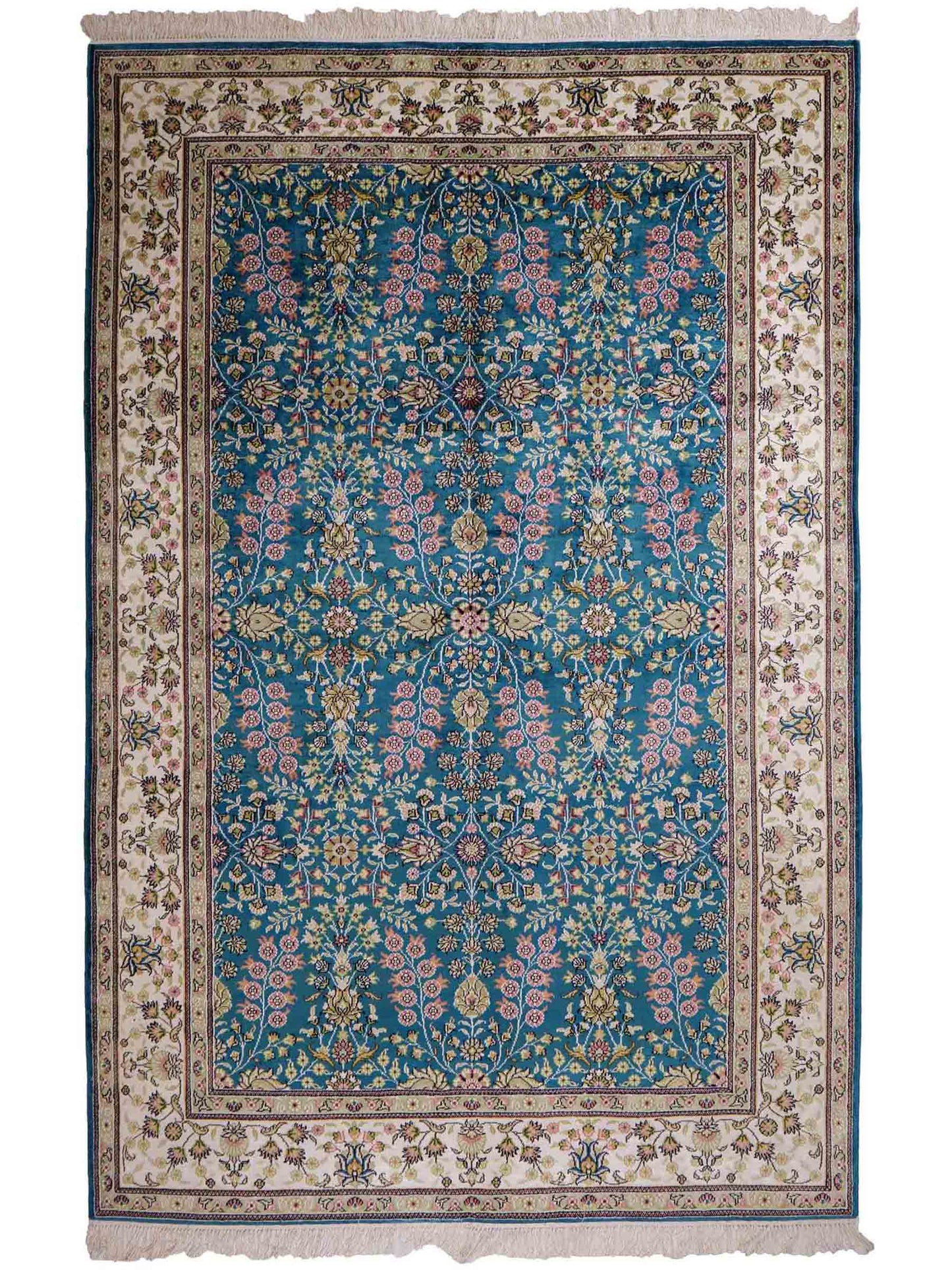 Feiner, handgeknüpfter, chinesischer Orientteppich mit Hereke Design aus Kunstseide, blau, creme, weiß. 242x155 cm. Verkauf durch Jupiter Intl.