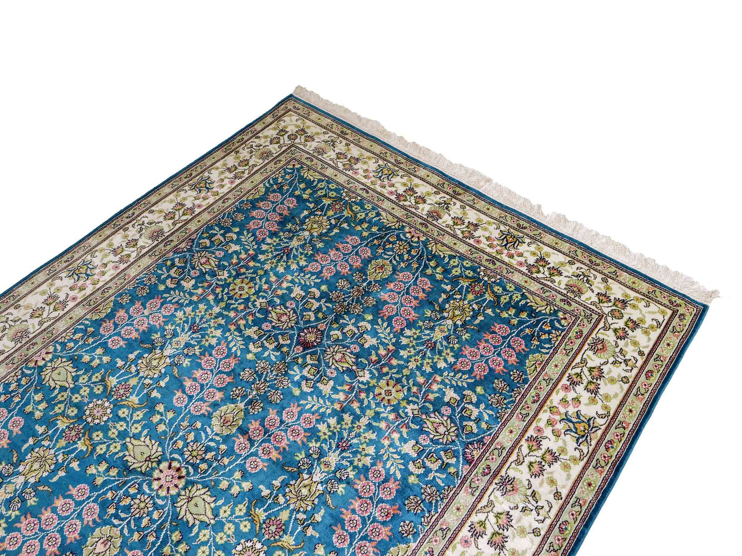Feiner, handgeknüpfter, chinesischer Orientteppich mit Hereke Design aus Kunstseide, blau, creme, weiß. 242x155 cm. Verkauf durch Jupiter Intl.