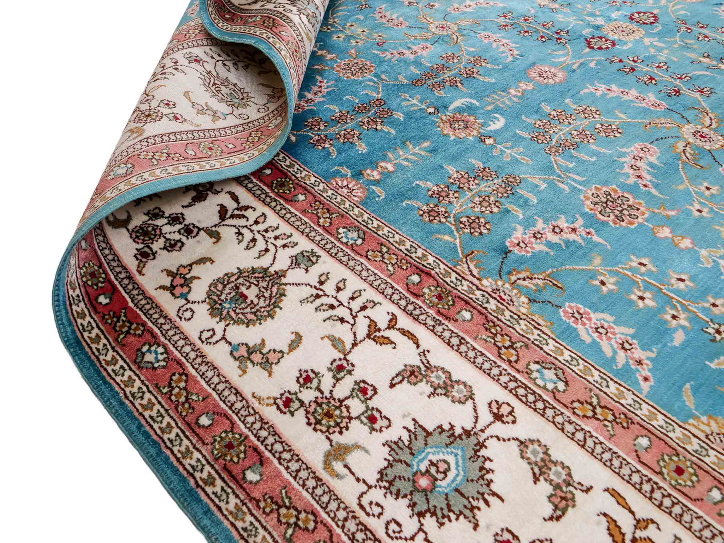 Feiner, handgeknüpfter, chinesischer Orientteppich mit Hereke Design aus Kunstseide, blau, weiß. 263x180 cm. Verkauf durch Jupiter Intl.