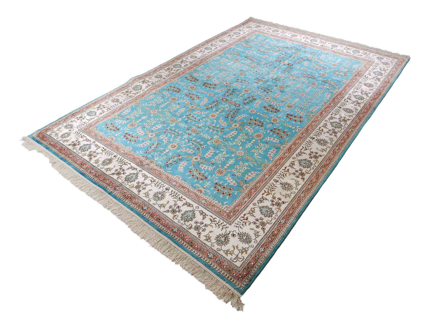 Feiner, handgeknüpfter, chinesischer Orientteppich mit Hereke Design aus Kunstseide, blau, weiß. 263x180 cm. Verkauf durch Jupiter Intl.
