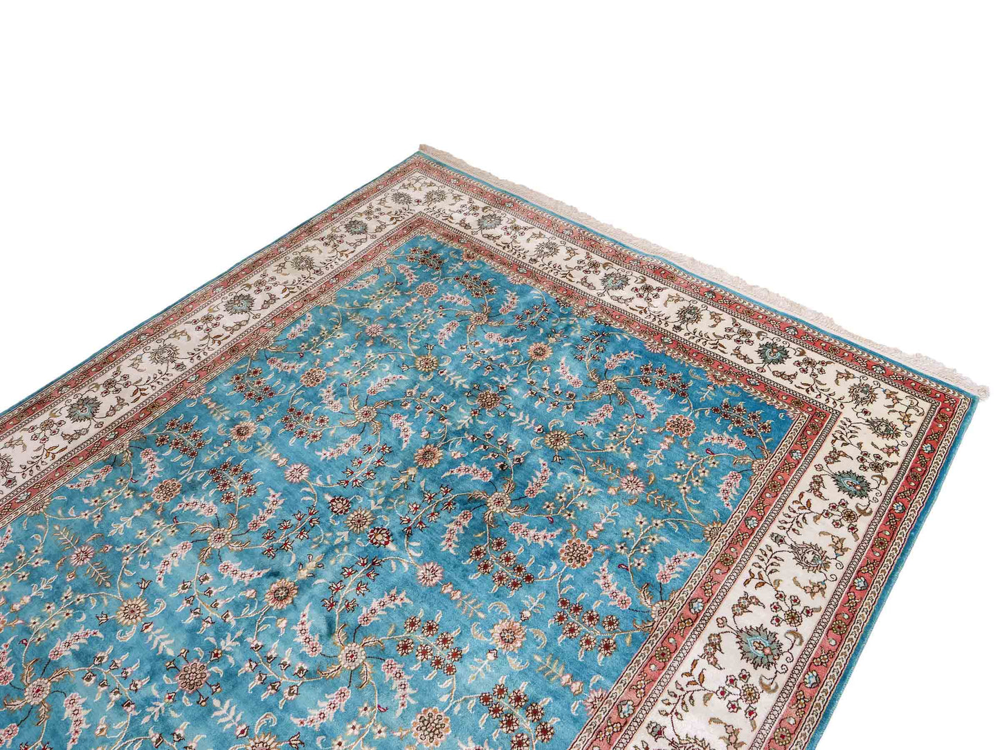 Feiner, handgeknüpfter, chinesischer Orientteppich mit Hereke Design aus Kunstseide, blau, weiß. 263x180 cm. Verkauf durch Jupiter Intl.