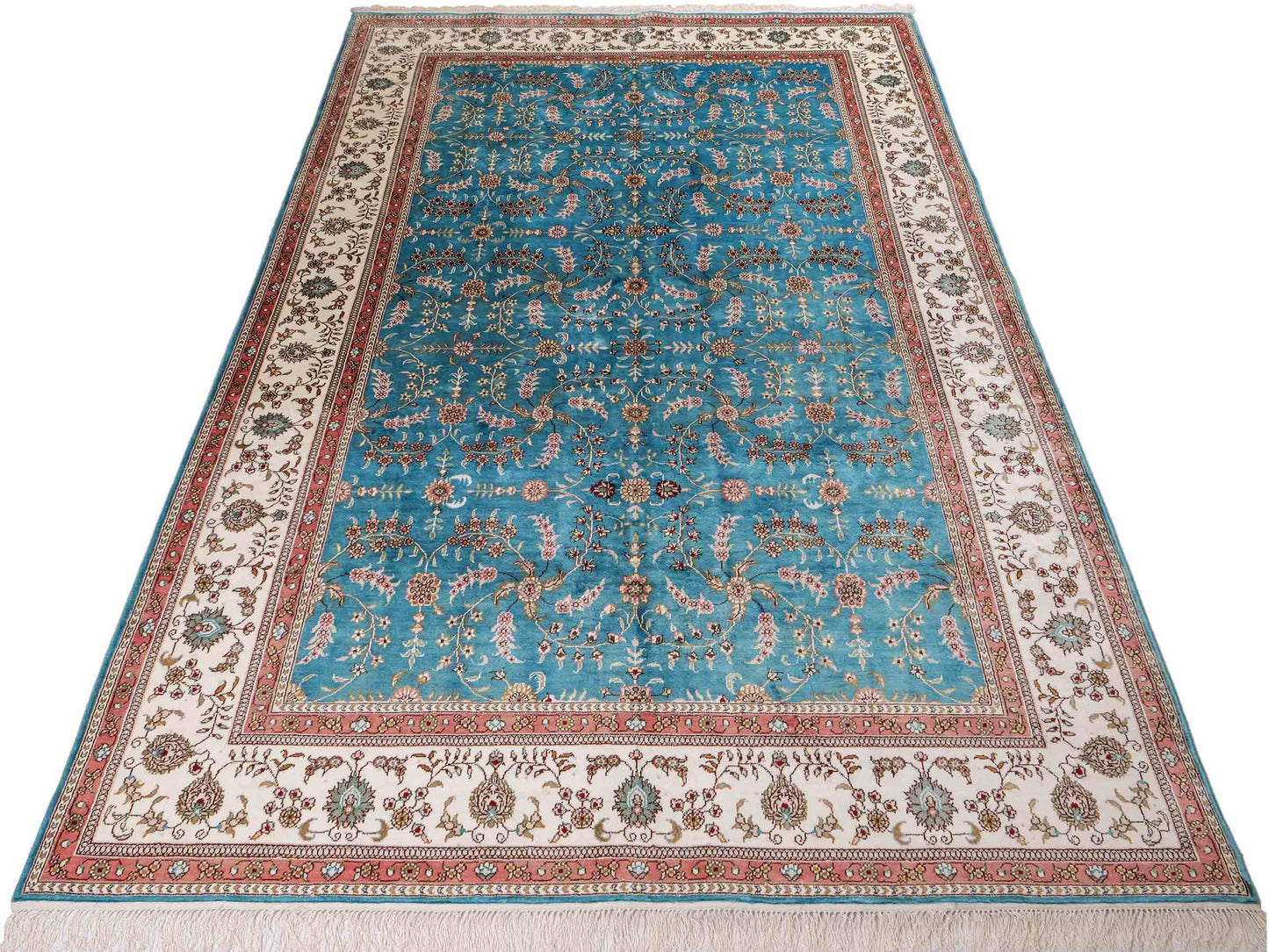 Feiner, handgeknüpfter, chinesischer Orientteppich mit Hereke Design aus Kunstseide, blau, weiß. 263x180 cm. Verkauf durch Jupiter Intl.