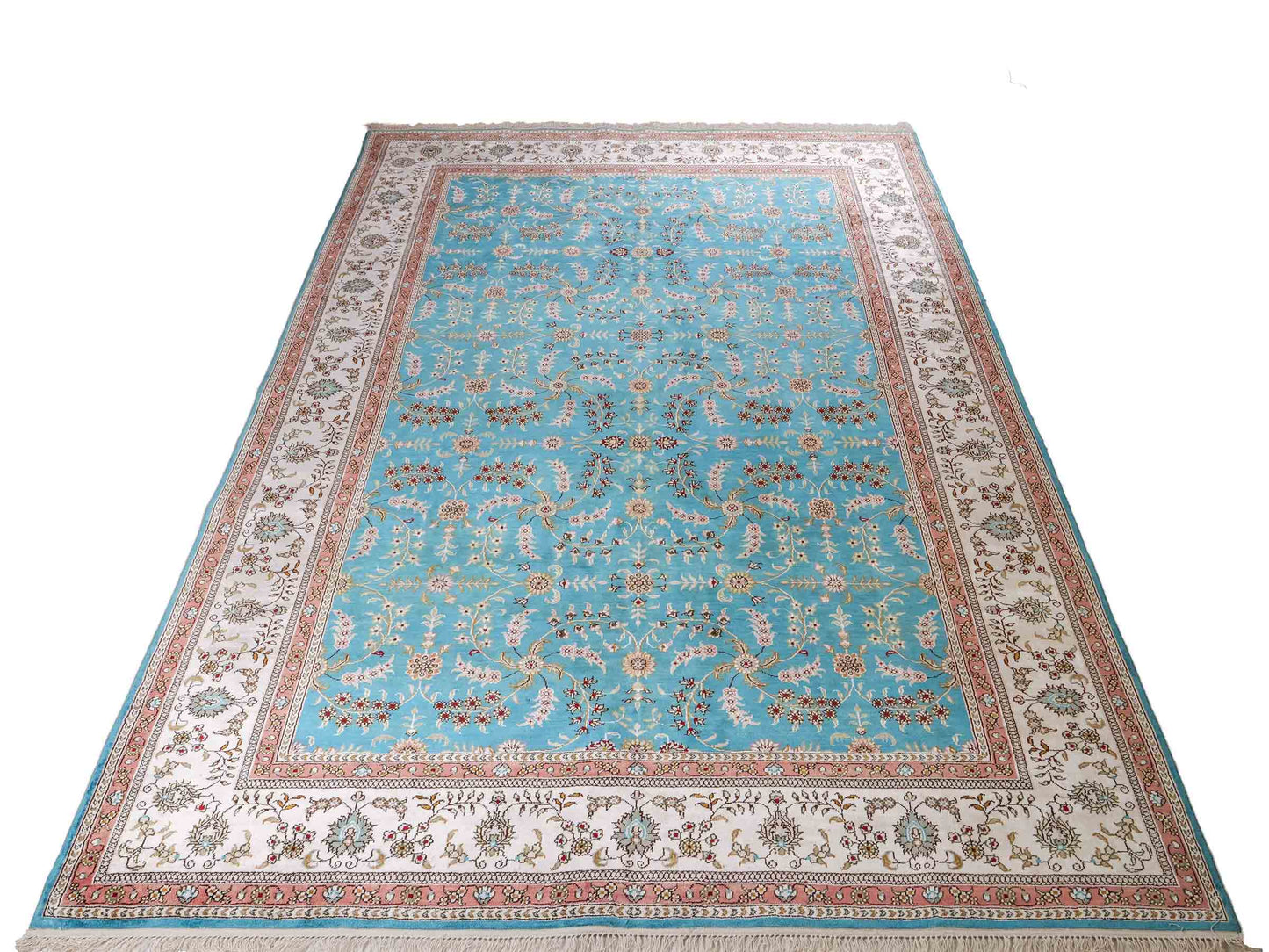 Feiner, handgeknüpfter, chinesischer Orientteppich mit Hereke Design aus Kunstseide, blau, weiß. 263x180 cm. Verkauf durch Jupiter Intl.