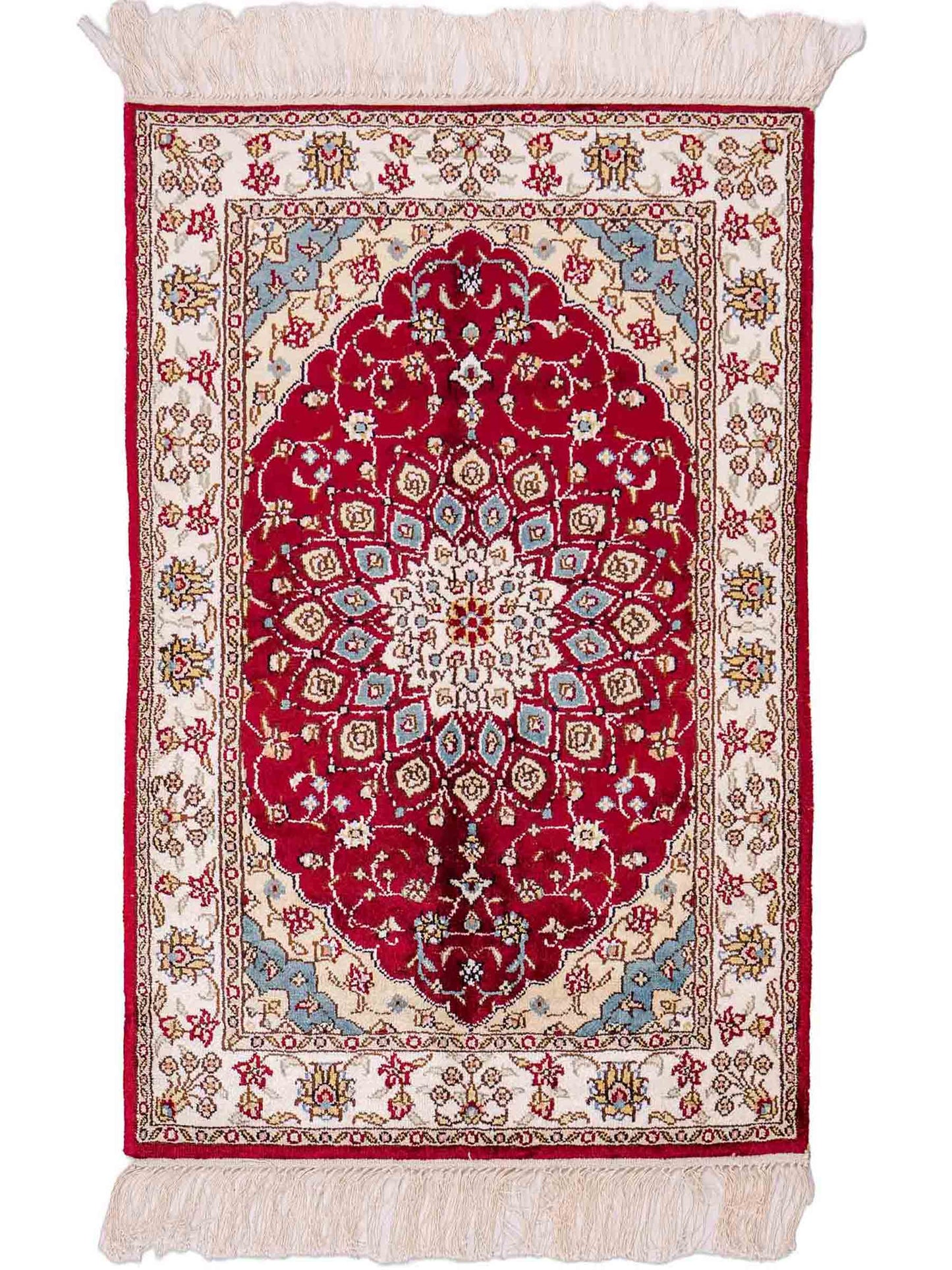 Feiner, handgeknüpfter, chinesischer Orientteppich mit Hereke Design aus Kunstseide, rot, creme, blau. 87x56 cm. Verkauf durch Jupiter Intl.