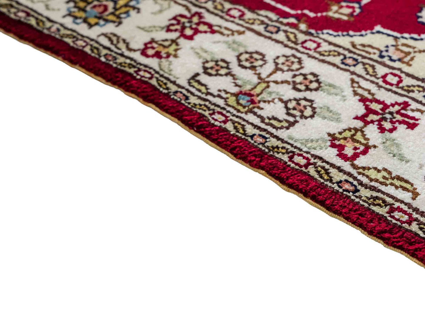 Feiner, handgeknüpfter, chinesischer Orientteppich mit Hereke Design aus Kunstseide, rot, creme, blau. 87x56 cm. Verkauf durch Jupiter Intl.