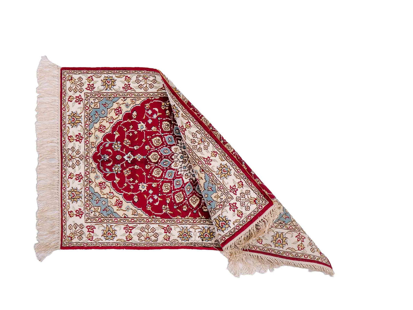 Feiner, handgeknüpfter, chinesischer Orientteppich mit Hereke Design aus Kunstseide, rot, creme, blau. 87x56 cm. Verkauf durch Jupiter Intl.