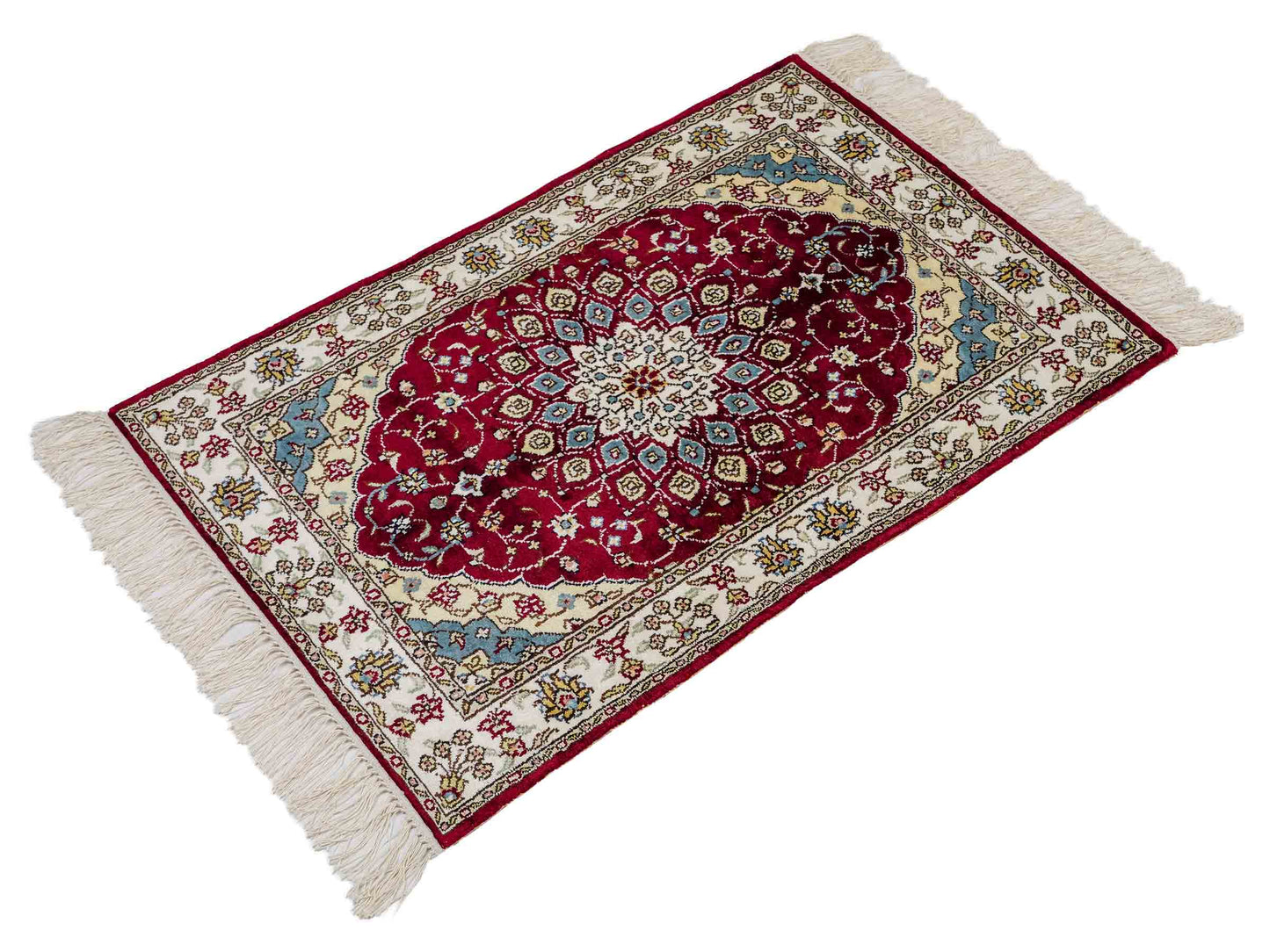 Feiner, handgeknüpfter, chinesischer Orientteppich mit Hereke Design aus Kunstseide, rot, creme, blau. 87x56 cm. Verkauf durch Jupiter Intl.