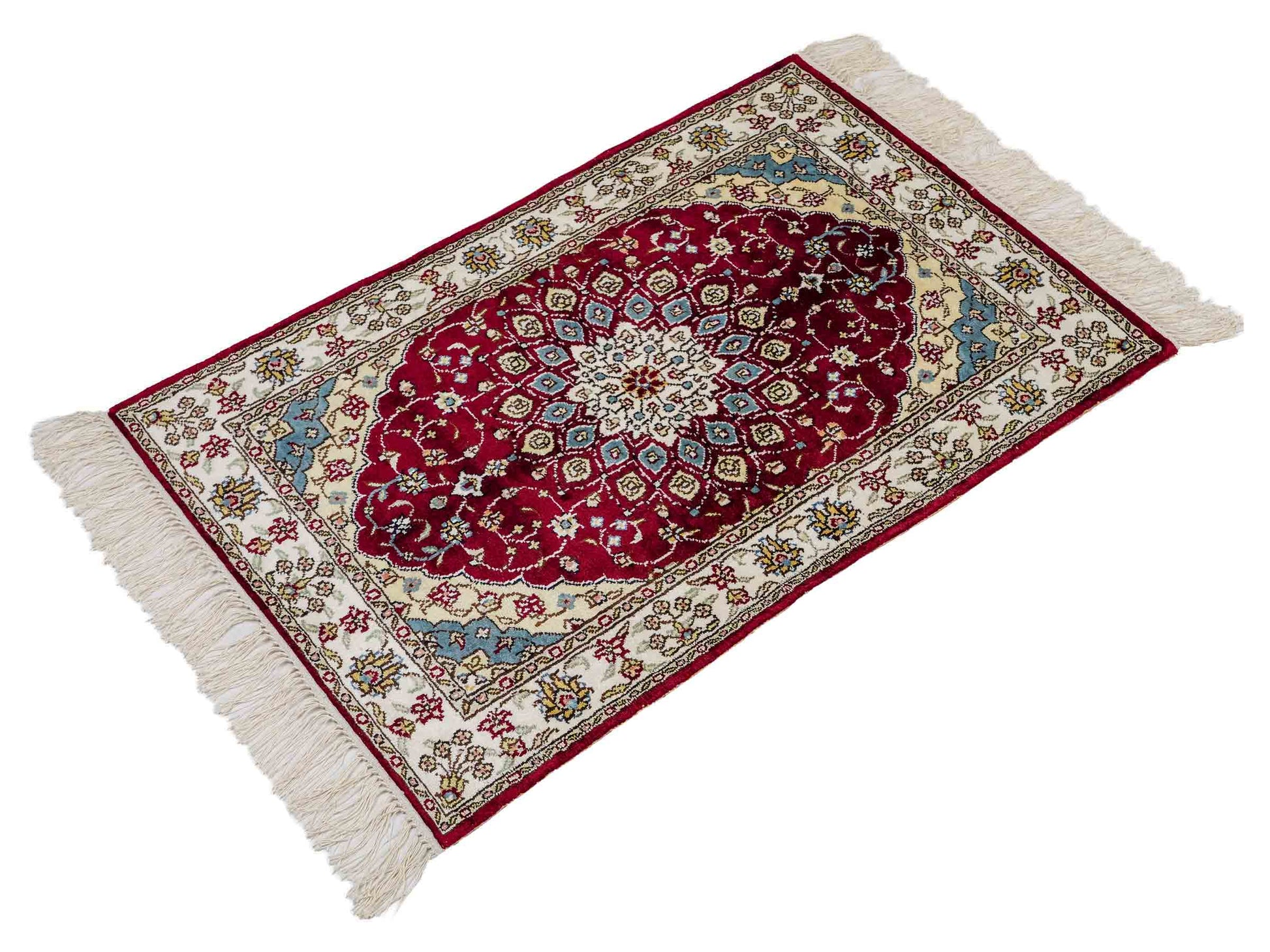 Feiner, handgeknüpfter, chinesischer Orientteppich mit Hereke Design aus Kunstseide, rot, creme, blau. 87x56 cm. Verkauf durch Jupiter Intl.