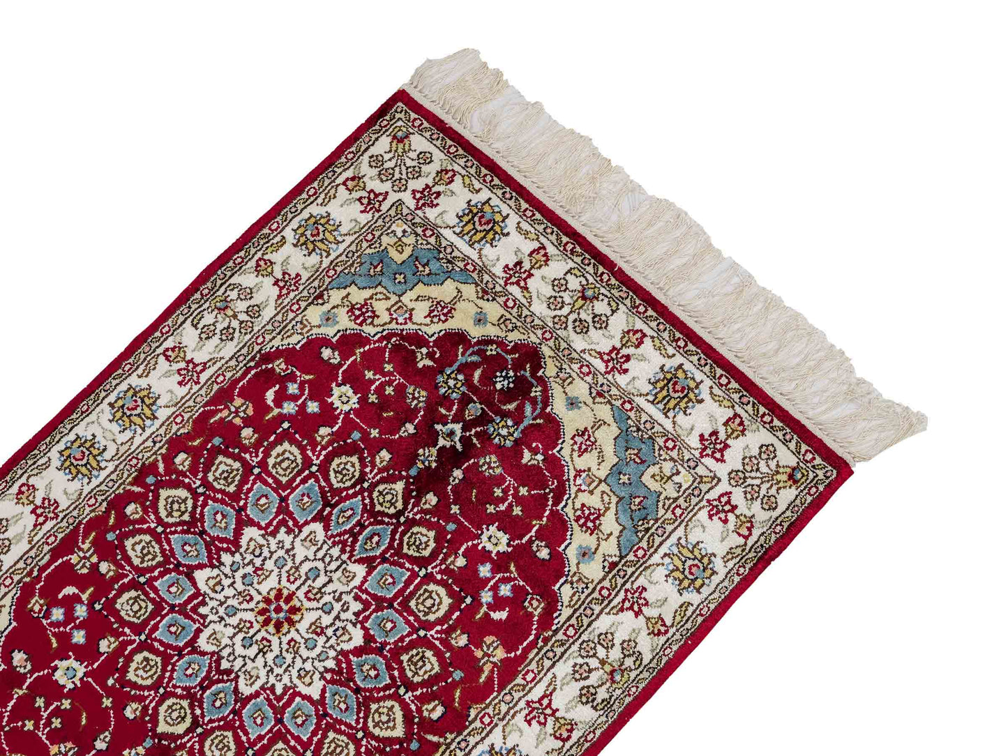 Feiner, handgeknüpfter, chinesischer Orientteppich mit Hereke Design aus Kunstseide, rot, creme, blau. 87x56 cm. Verkauf durch Jupiter Intl.