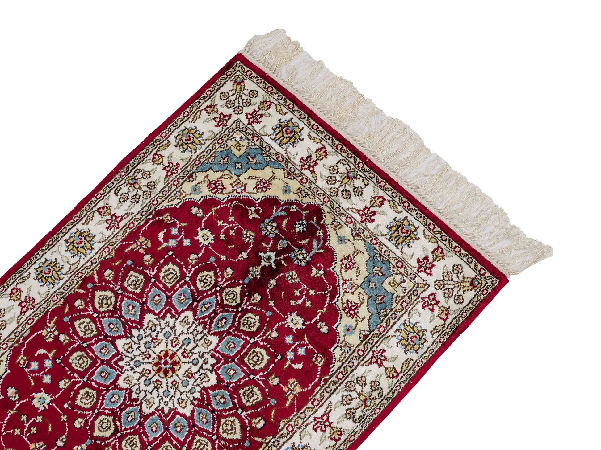 Feiner, handgeknüpfter, chinesischer Orientteppich mit Hereke Design aus Kunstseide, rot, creme, blau. 87x56 cm. Verkauf durch Jupiter Intl.