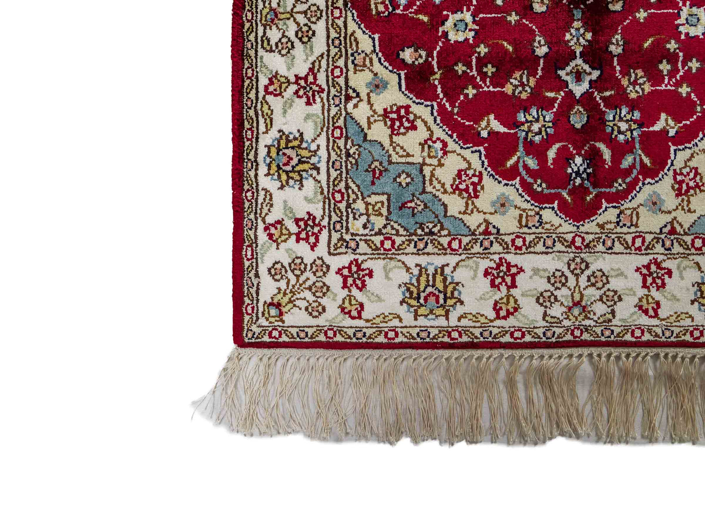Feiner, handgeknüpfter, chinesischer Orientteppich mit Hereke Design aus Kunstseide, rot, creme, blau. 87x56 cm. Verkauf durch Jupiter Intl.