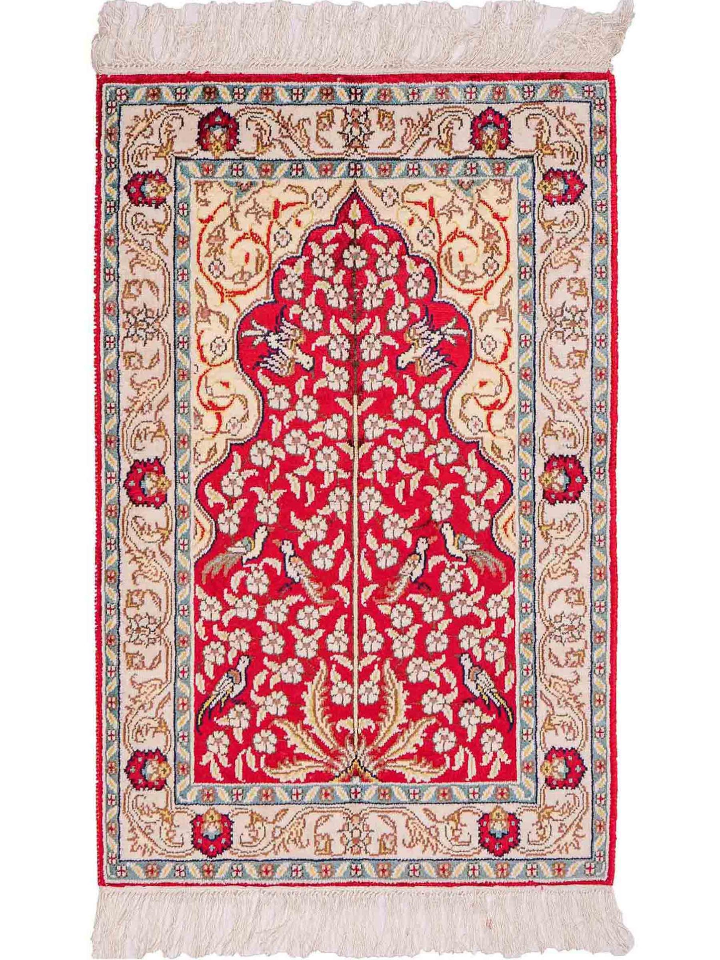 Feiner, handgeknüpfter, chinesischer Orientteppich mit Hereke Design aus Kunstseide, rot, creme, blau. 87x58 cm. Verkauf durch Jupiter Intl.