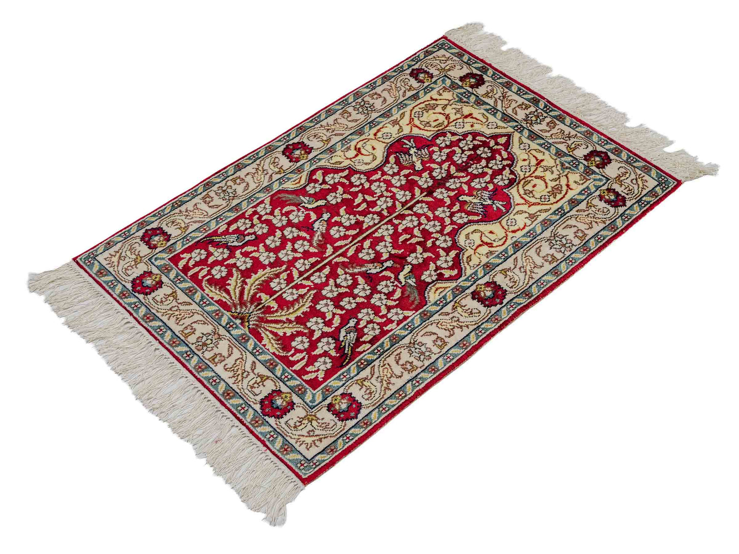 Feiner, handgeknüpfter, chinesischer Orientteppich mit Hereke Design aus Kunstseide, rot, creme, blau. 87x58 cm. Verkauf durch Jupiter Intl.
