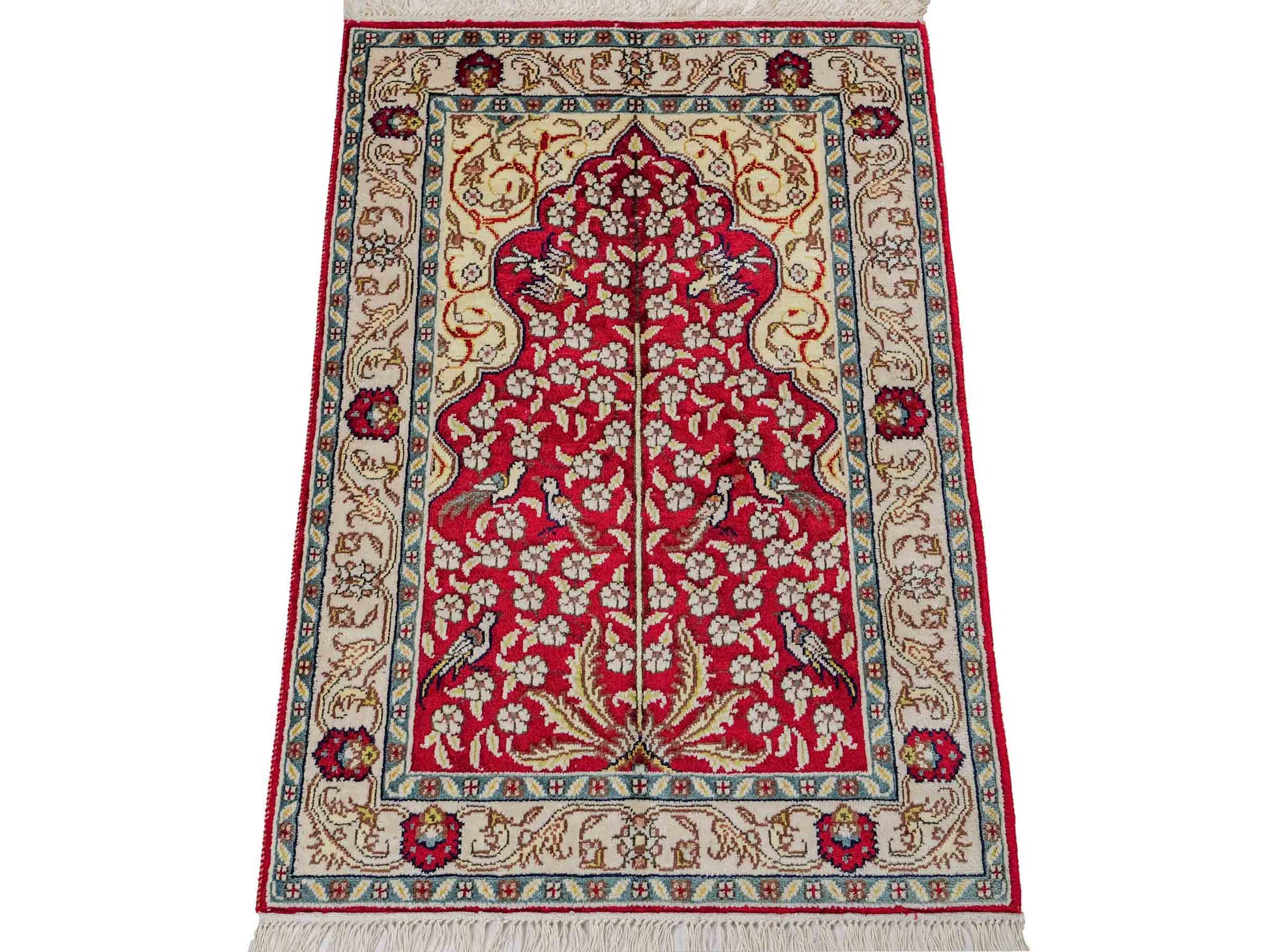 Feiner, handgeknüpfter, chinesischer Orientteppich mit Hereke Design aus Kunstseide, rot, creme, blau. 87x58 cm. Verkauf durch Jupiter Intl.