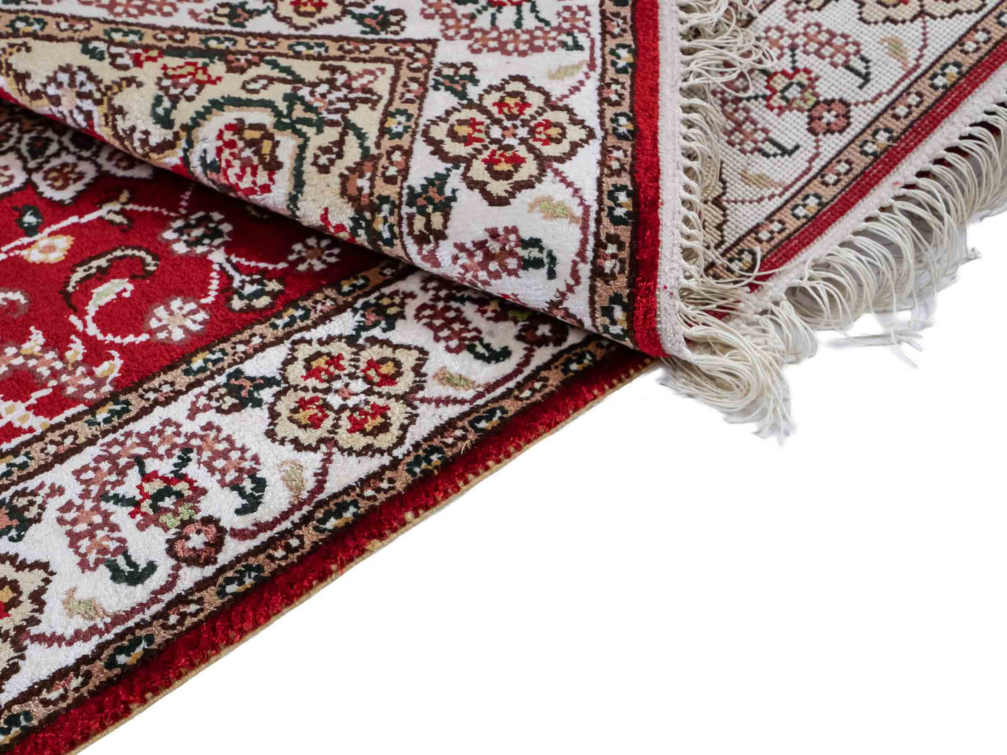 Feiner, handgeknüpfter, chinesischer Orientteppich mit Hereke Design aus Kunstseide, rot, weiß, creme. 91x62 cm. Verkauf durch Jupiter Intl.