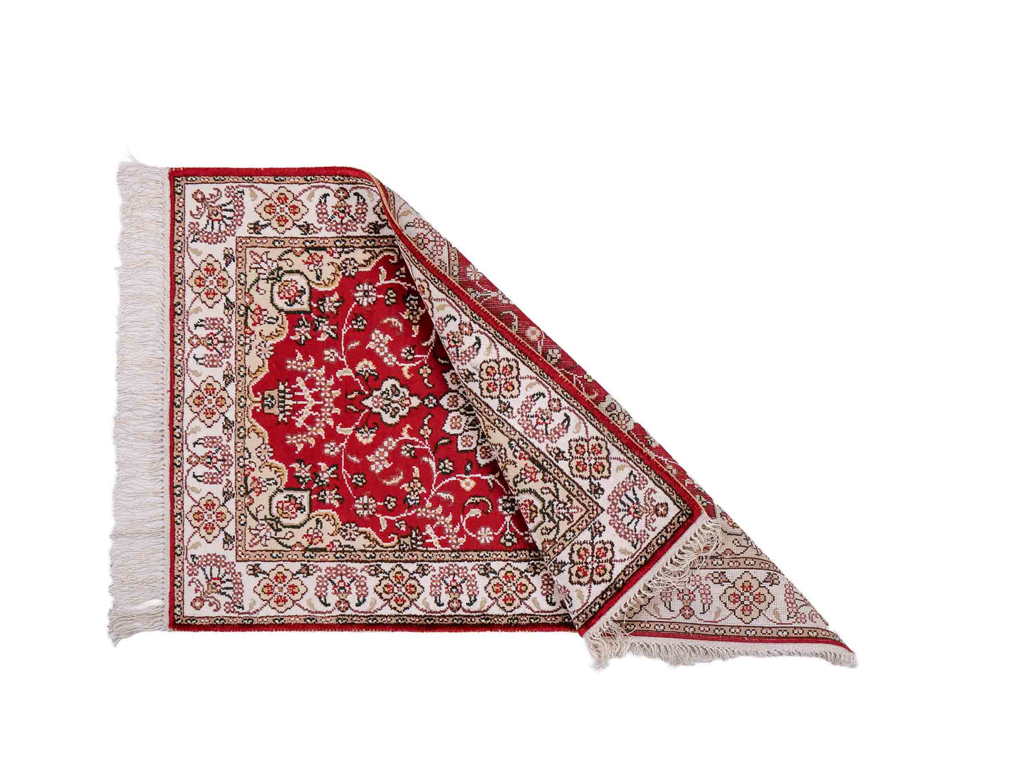 Feiner, handgeknüpfter, chinesischer Orientteppich mit Hereke Design aus Kunstseide, rot, weiß, creme. 91x62 cm. Verkauf durch Jupiter Intl.
