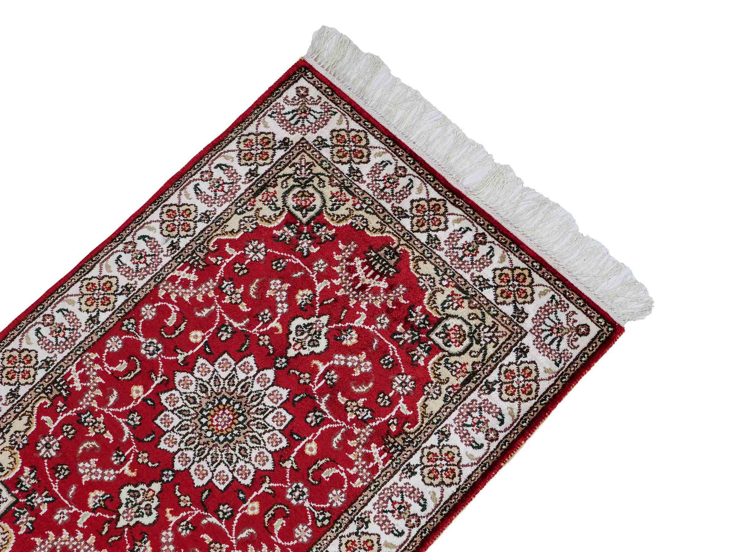 Feiner, handgeknüpfter, chinesischer Orientteppich mit Hereke Design aus Kunstseide, rot, weiß, creme. 91x62 cm. Verkauf durch Jupiter Intl.