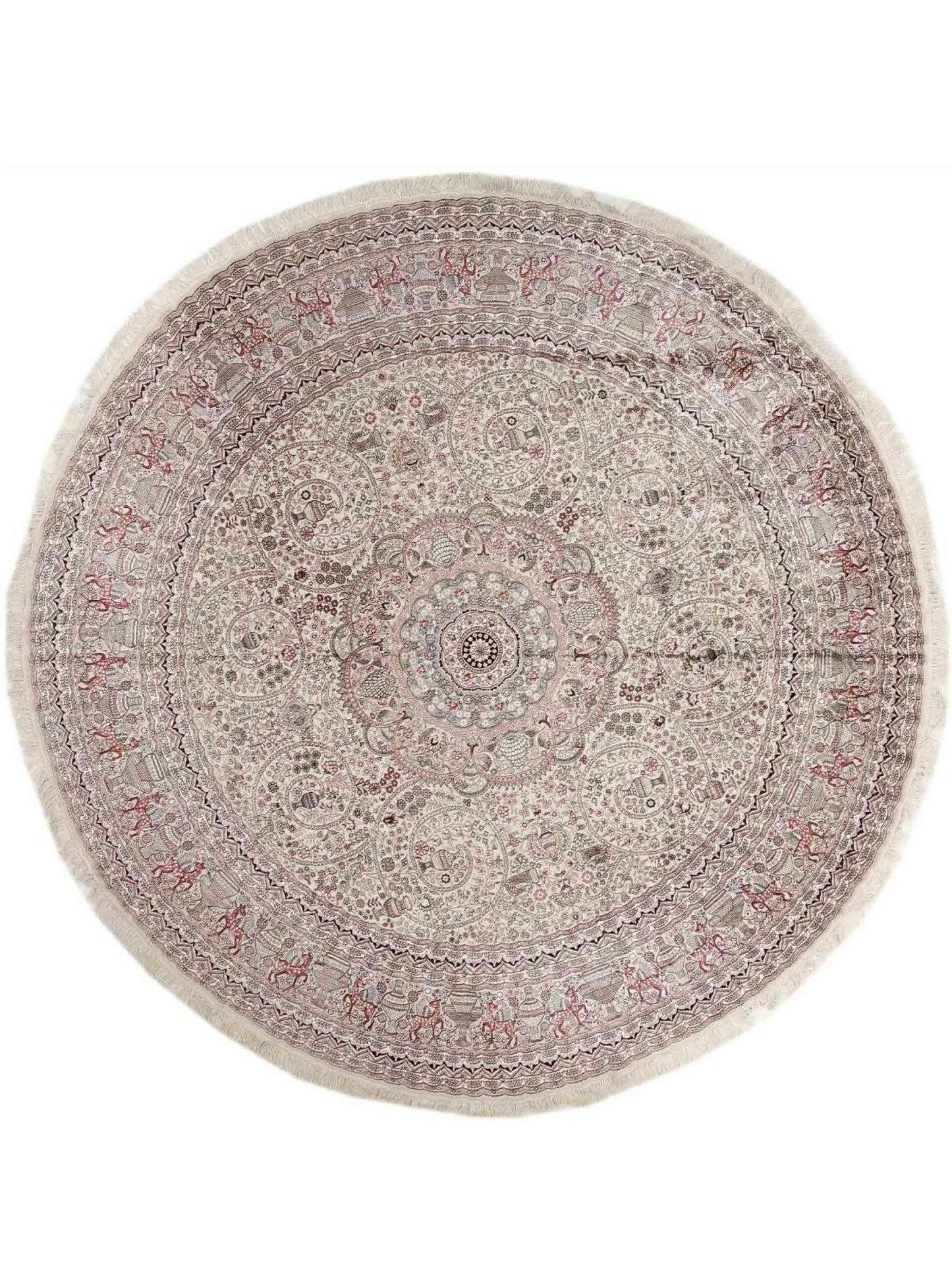 Feiner, handgeknüpfter, runder, chinesischer Orientteppich mit Ghom Design aus Kunstseide, creme, weiß, rosa. 300x300 cm. Verkauf durch Jupiter Intl.