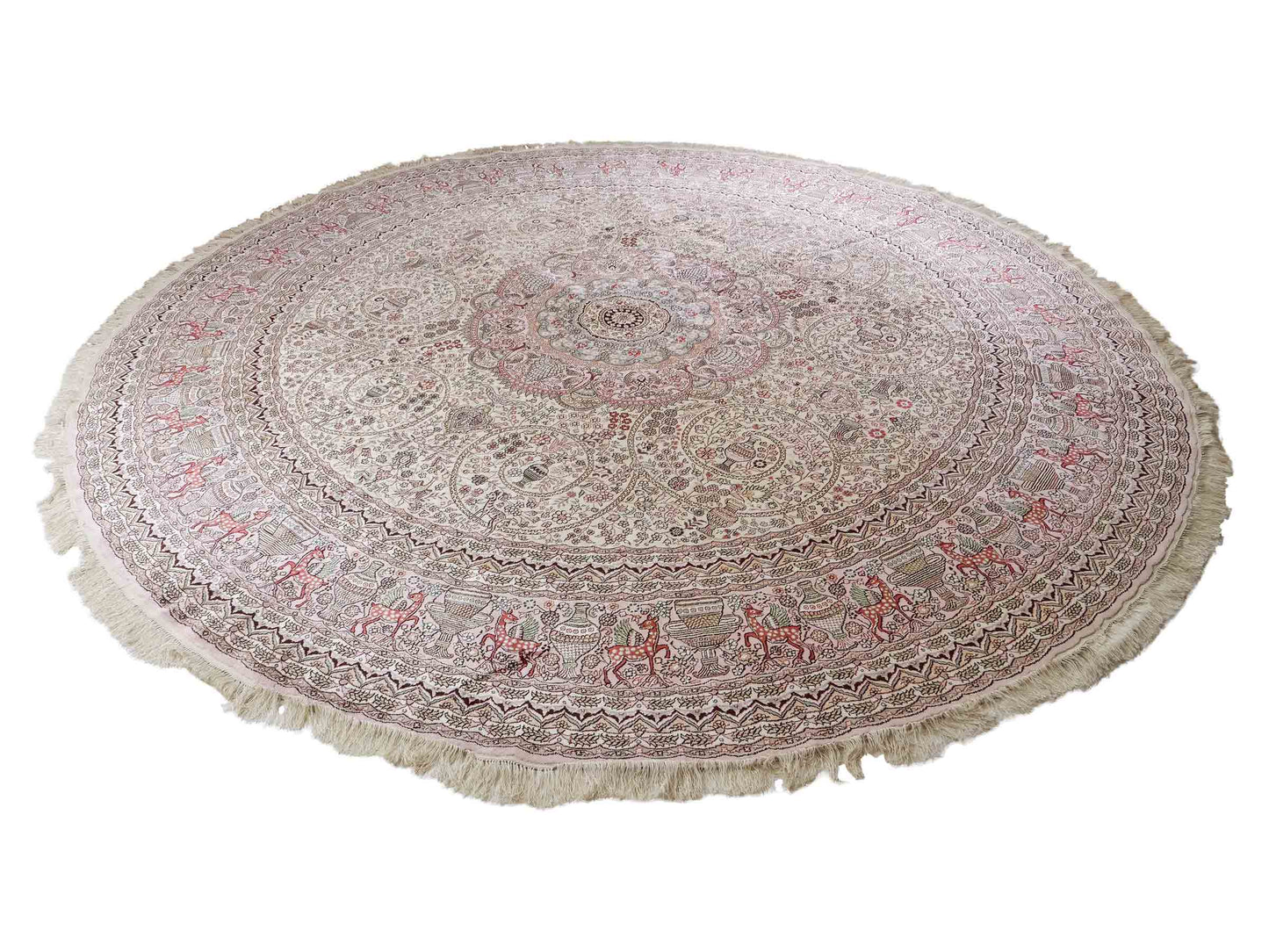 Feiner, handgeknüpfter, runder, chinesischer Orientteppich mit Ghom Design aus Kunstseide, creme, weiß, rosa. 300x300 cm. Verkauf durch Jupiter Intl.