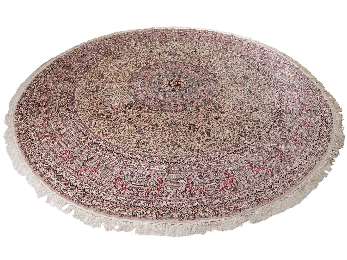 Feiner, handgeknüpfter, runder, chinesischer Orientteppich mit Ghom Design aus Kunstseide, creme, weiß, rosa. 300x300 cm. Verkauf durch Jupiter Intl.