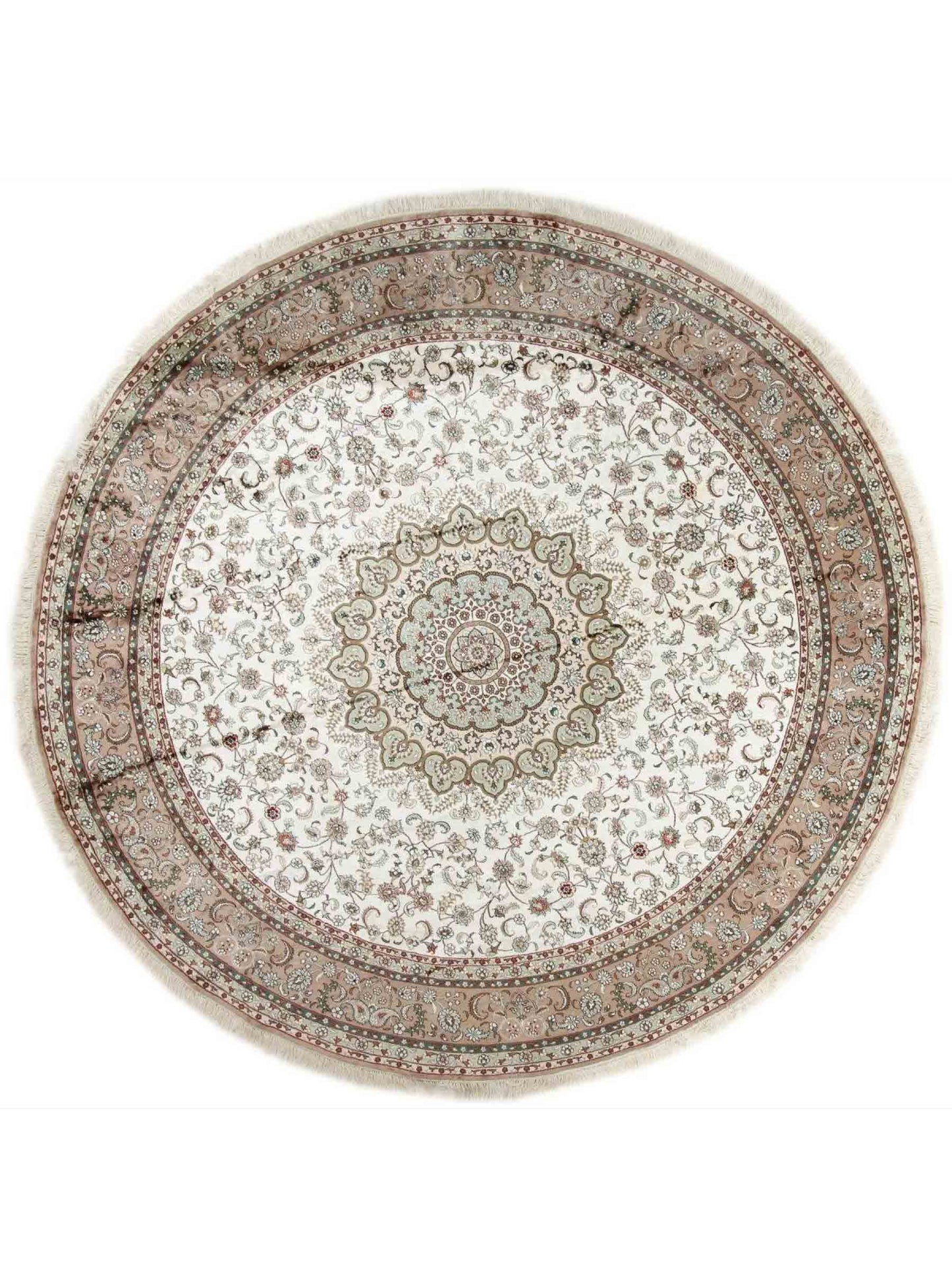 Feiner, handgeknüpfter, runder, chinesischer Orientteppich mit Ghom Design aus Kunstseide, creme, weiß. 303x303 cm. Verkauf durch Jupiter Intl.