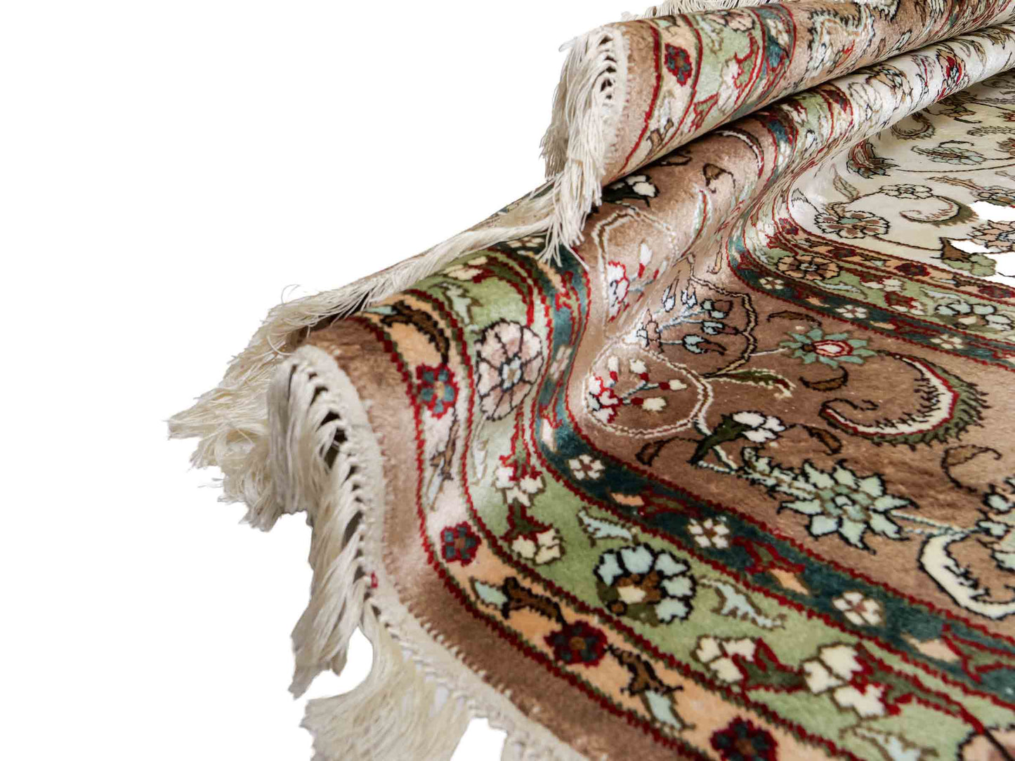 Feiner, handgeknüpfter, runder, chinesischer Orientteppich mit Ghom Design aus Kunstseide, creme, weiß. 303x303 cm. Verkauf durch Jupiter Intl.