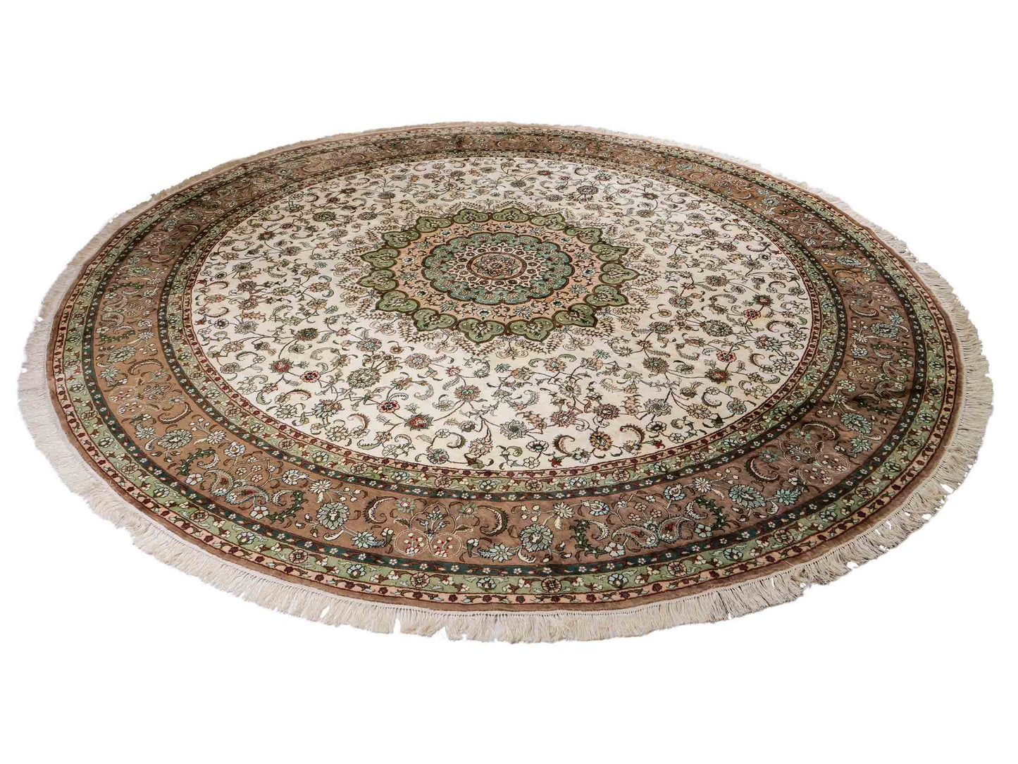 Feiner, handgeknüpfter, runder, chinesischer Orientteppich mit Ghom Design aus Kunstseide, creme, weiß. 303x303 cm. Verkauf durch Jupiter Intl.
