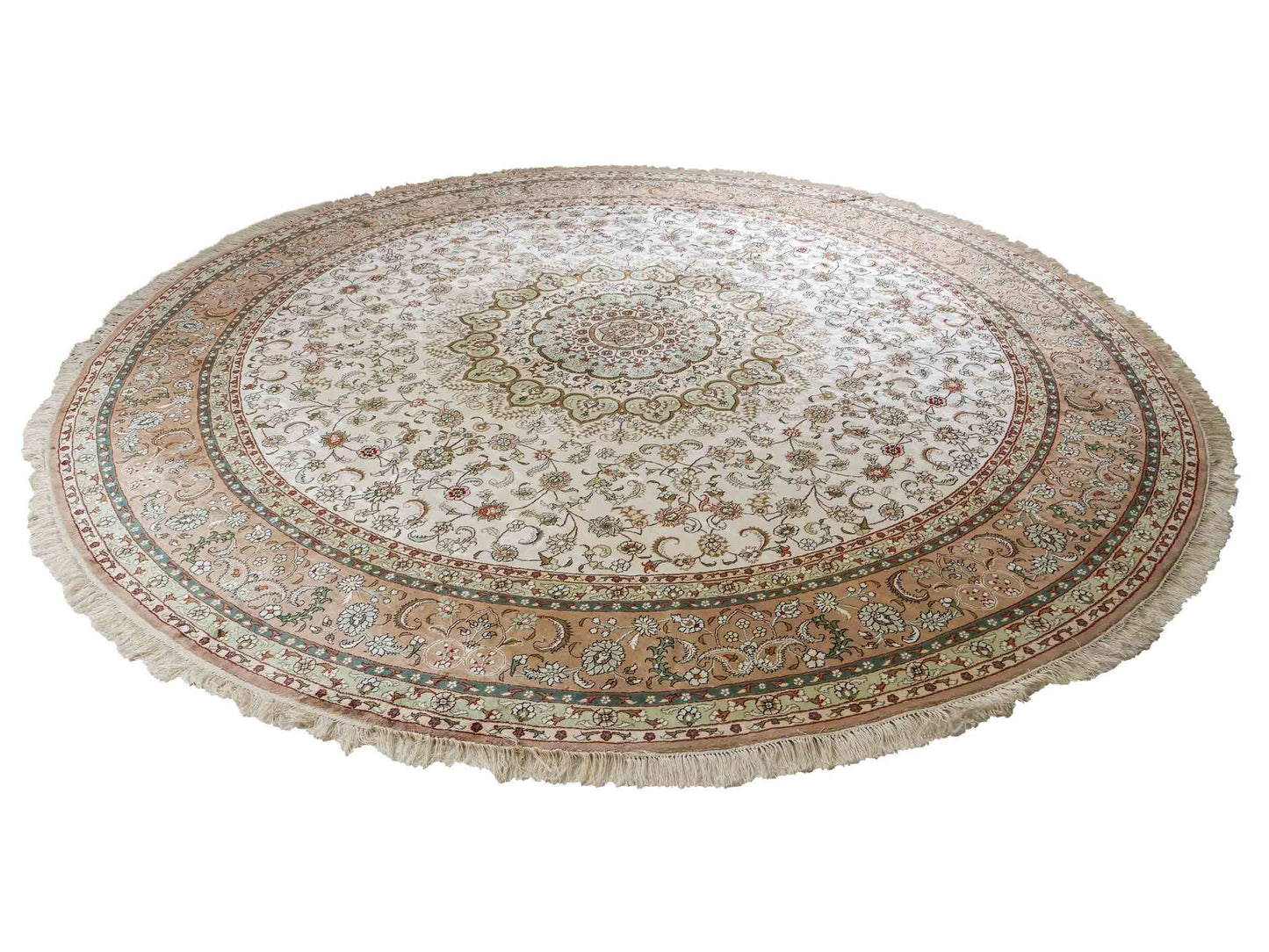 Feiner, handgeknüpfter, runder, chinesischer Orientteppich mit Ghom Design aus Kunstseide, creme, weiß. 303x303 cm. Verkauf durch Jupiter Intl.