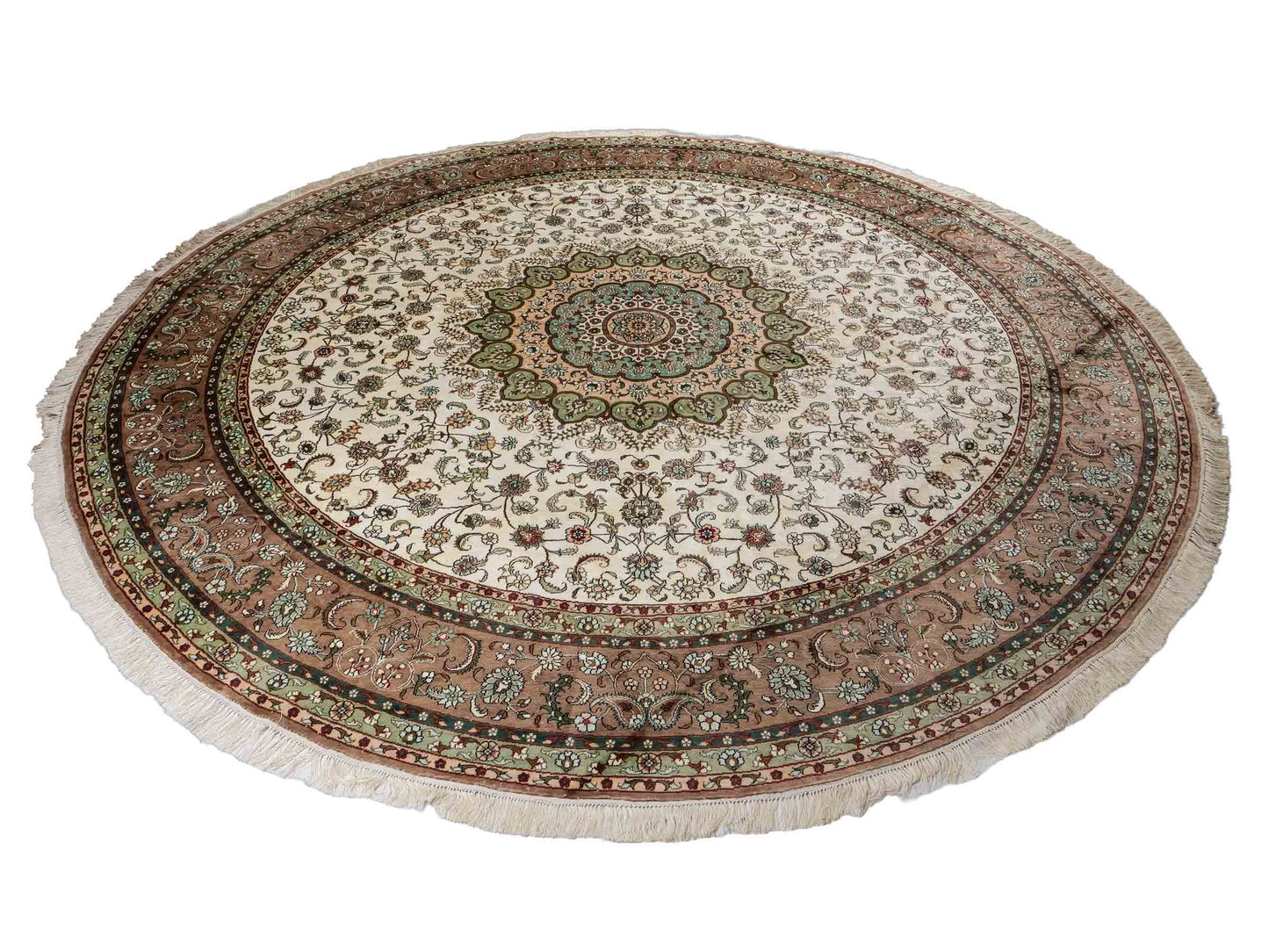 Feiner, handgeknüpfter, runder, chinesischer Orientteppich mit Ghom Design aus Kunstseide, creme, weiß. 303x303 cm. Verkauf durch Jupiter Intl.