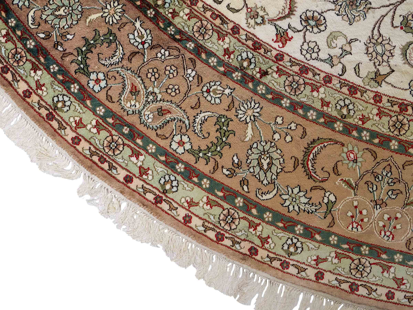 Feiner, handgeknüpfter, runder, chinesischer Orientteppich mit Ghom Design aus Kunstseide, creme, weiß. 303x303 cm. Verkauf durch Jupiter Intl.