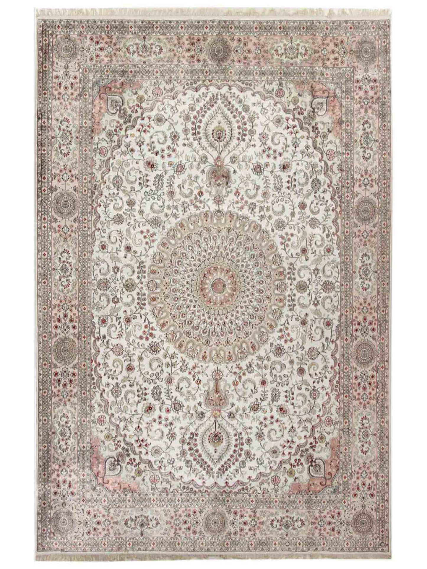 Feiner, handgeknüpfter, chinesischer Orientteppich mit Ghom Design aus Kunstseide, creme, weiß. 362x272 cm. Verkauf durch Jupiter Intl.