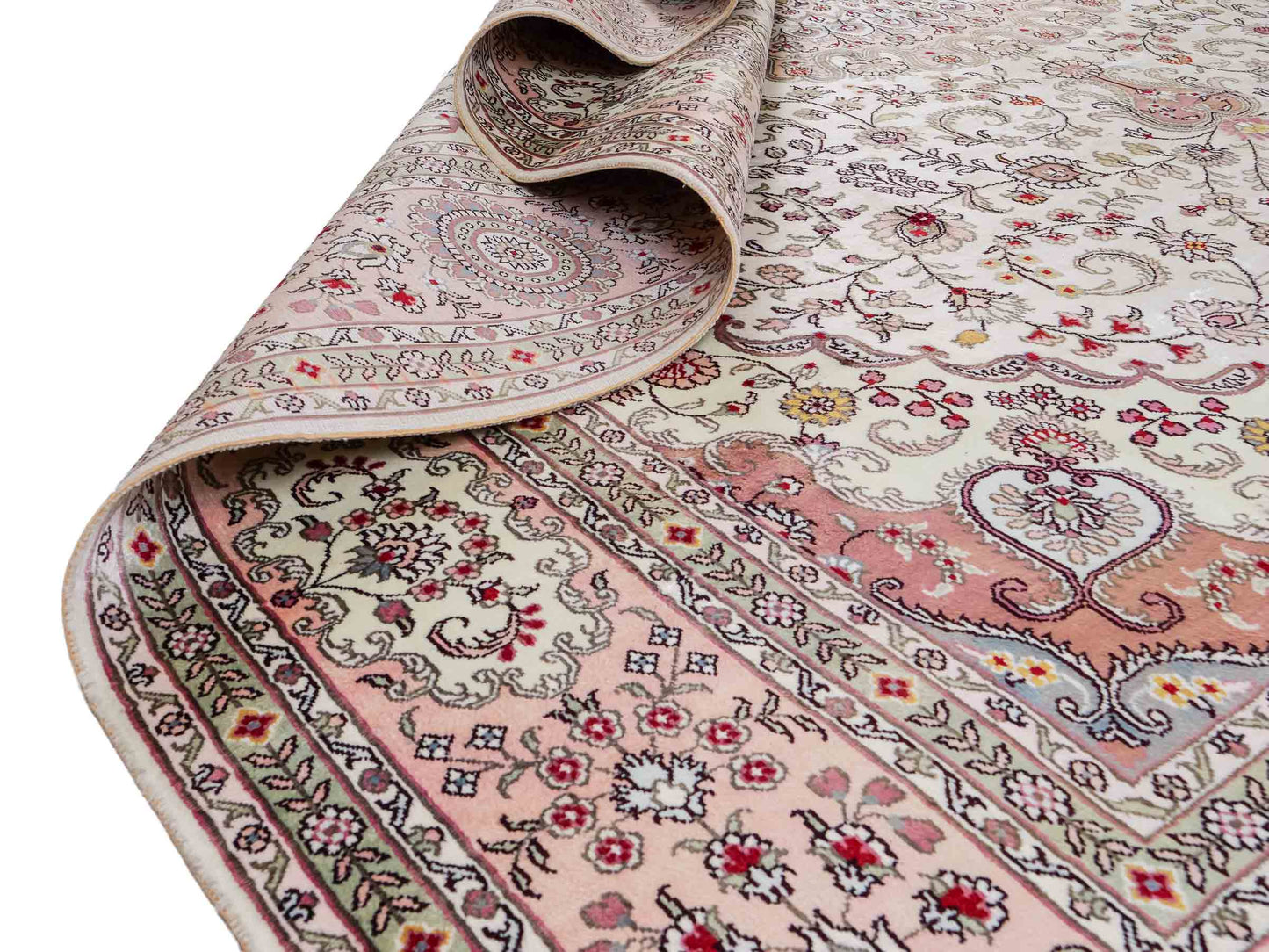 Feiner, handgeknüpfter, chinesischer Orientteppich mit Ghom Design aus Kunstseide, creme, weiß. 362x272 cm. Verkauf durch Jupiter Intl.