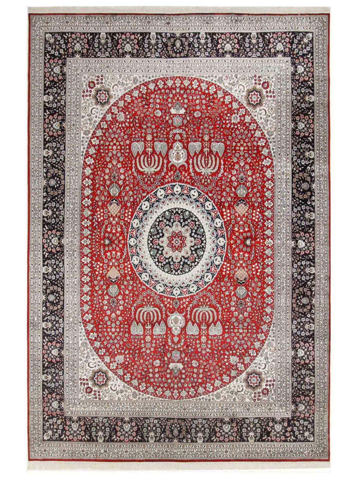 Feiner, handgeknüpfter, chinesischer Orientteppich mit Nain Design aus Kunstseide, rot, blau, weiß. 370x272 cm. Verkauf durch Jupiter Intl.