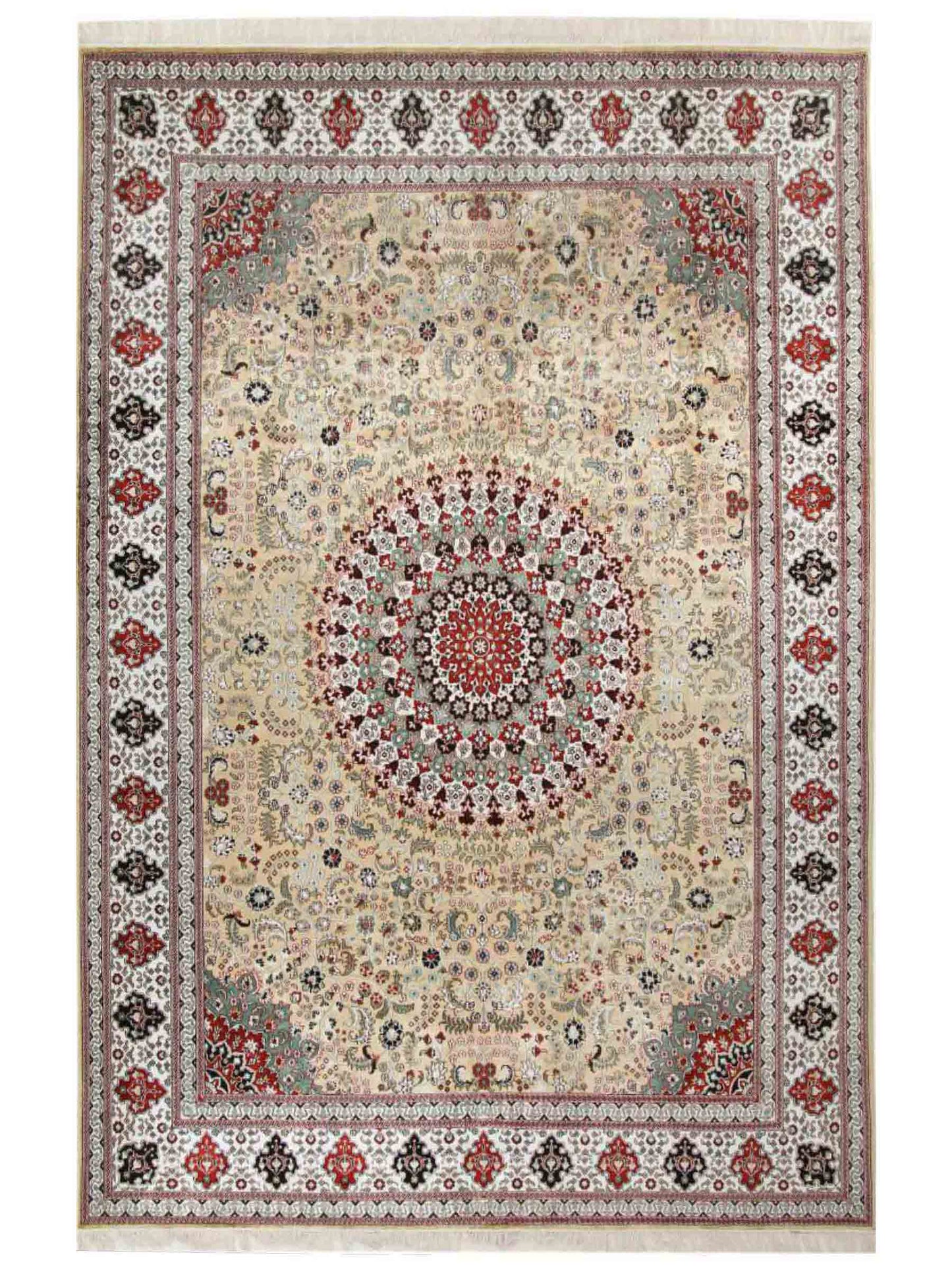 Feiner, handgeknüpfter, chinesischer Orientteppich mit Nain Design aus Kunstseide, gelb, creme, weiß. 373x275 cm. Verkauf durch Jupiter Intl.
