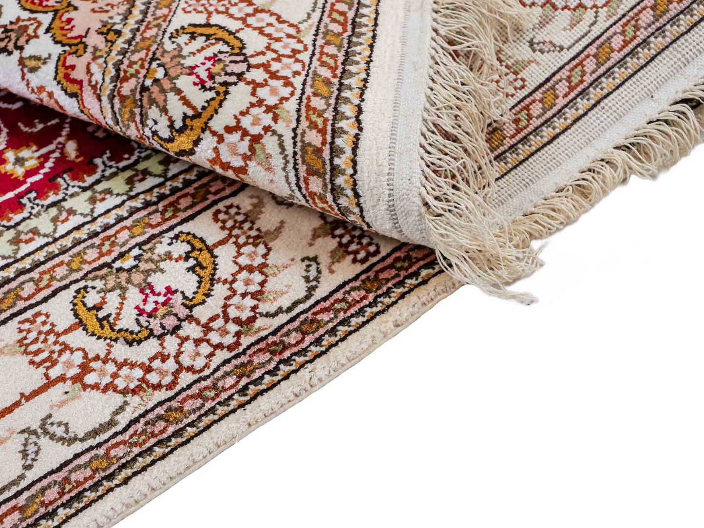 Feiner, handgeknüpfter, chinesischer Orientteppich mit Nain Design aus Kunstseide, rot, weiß, creme. 120x78 cm. Verkauf durch Jupiter Intl.