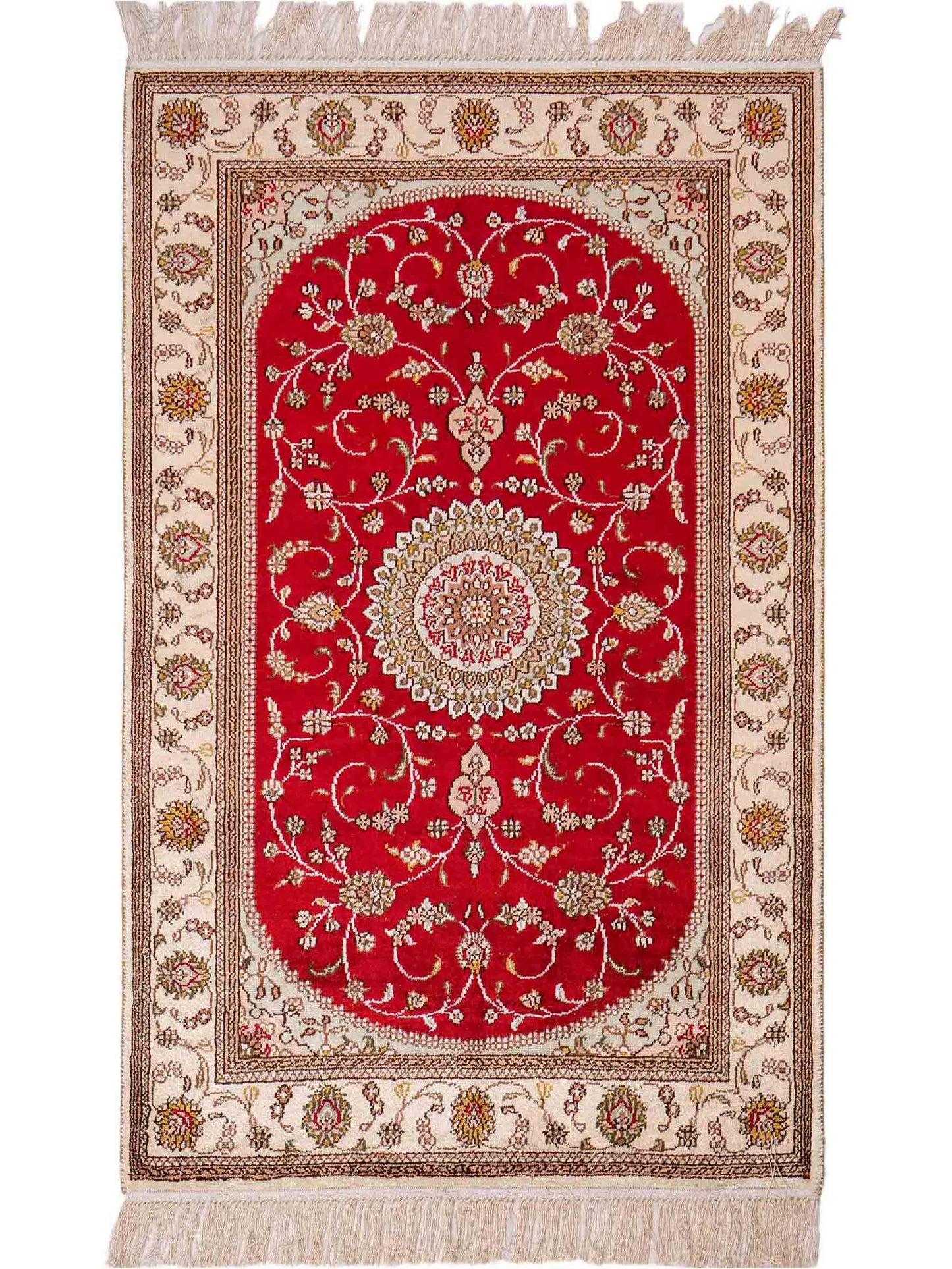 Feiner, handgeknüpfter, chinesischer Nain Orientteppich aus Kunstseide, rot, creme, weiß. 122x76 cm. Verkauf durch Jupiter Intl.