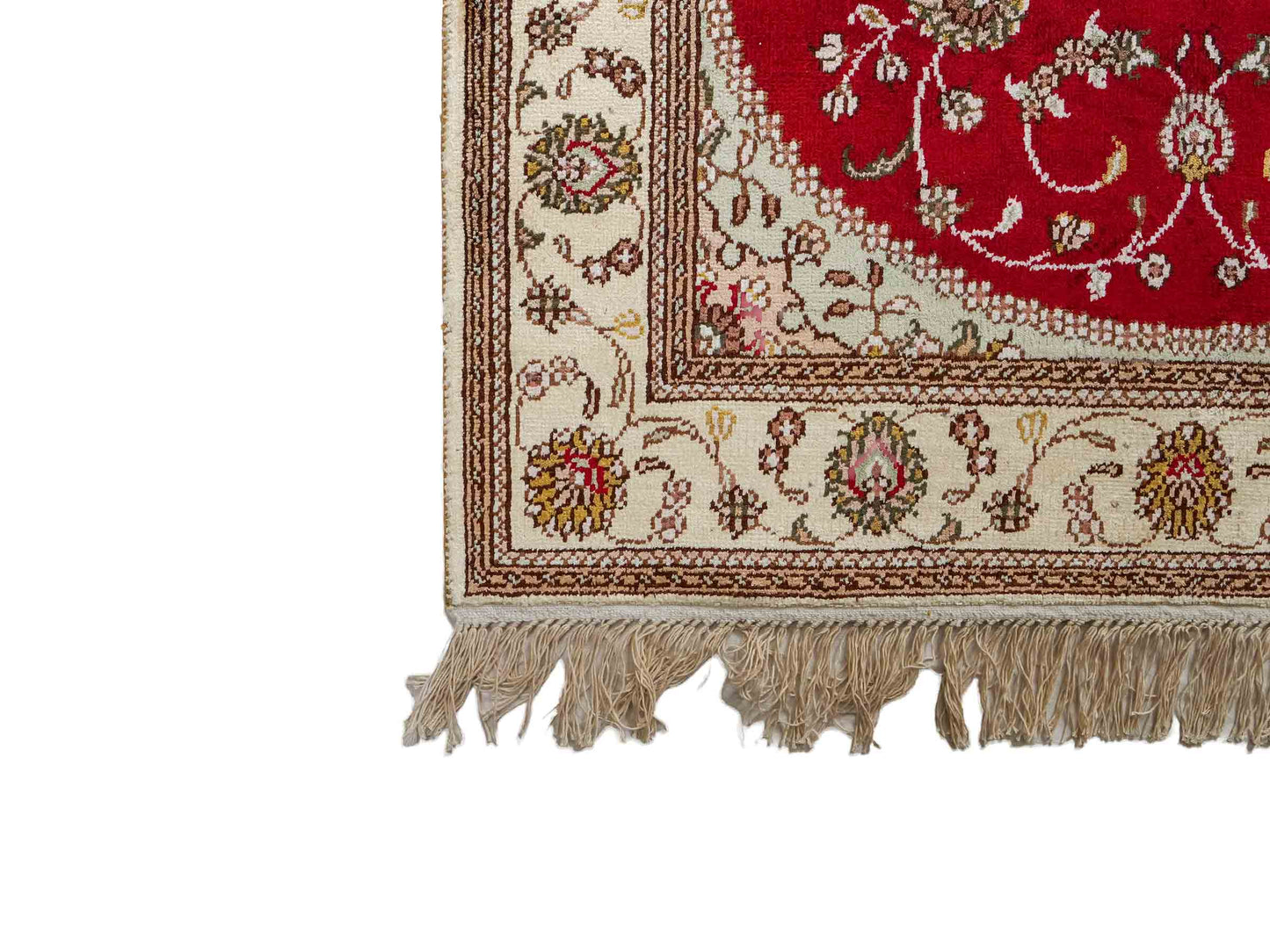 Feiner, handgeknüpfter, chinesischer Nain Orientteppich aus Kunstseide, rot, creme, weiß. 122x76 cm. Verkauf durch Jupiter Intl.