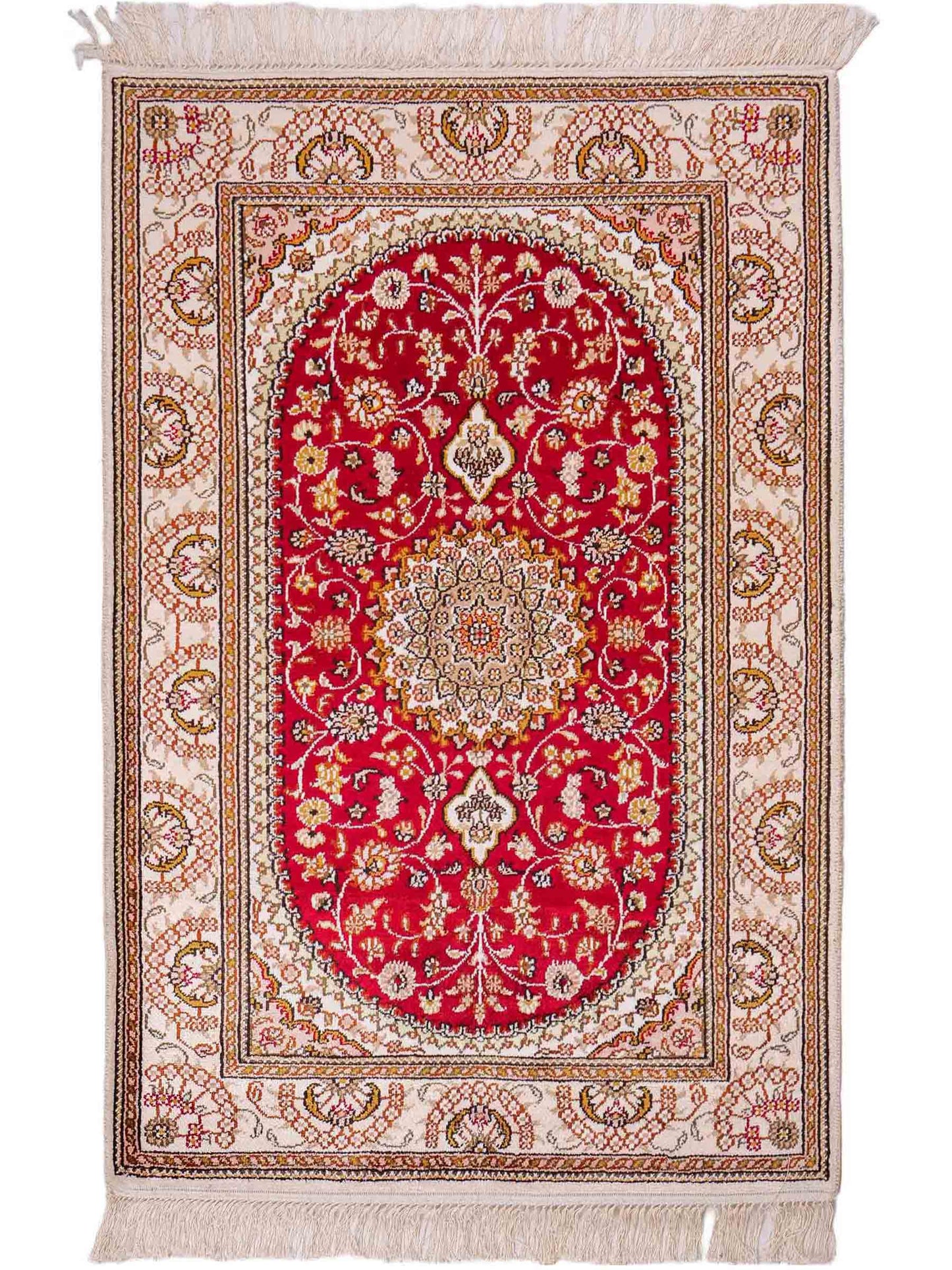 Feiner, handgeknüpfter, chinesischer Orientteppich mit Nain Design aus Kunstseide, rot, weiß, creme. 122x81 cm. Verkauf durch Jupiter Intl.