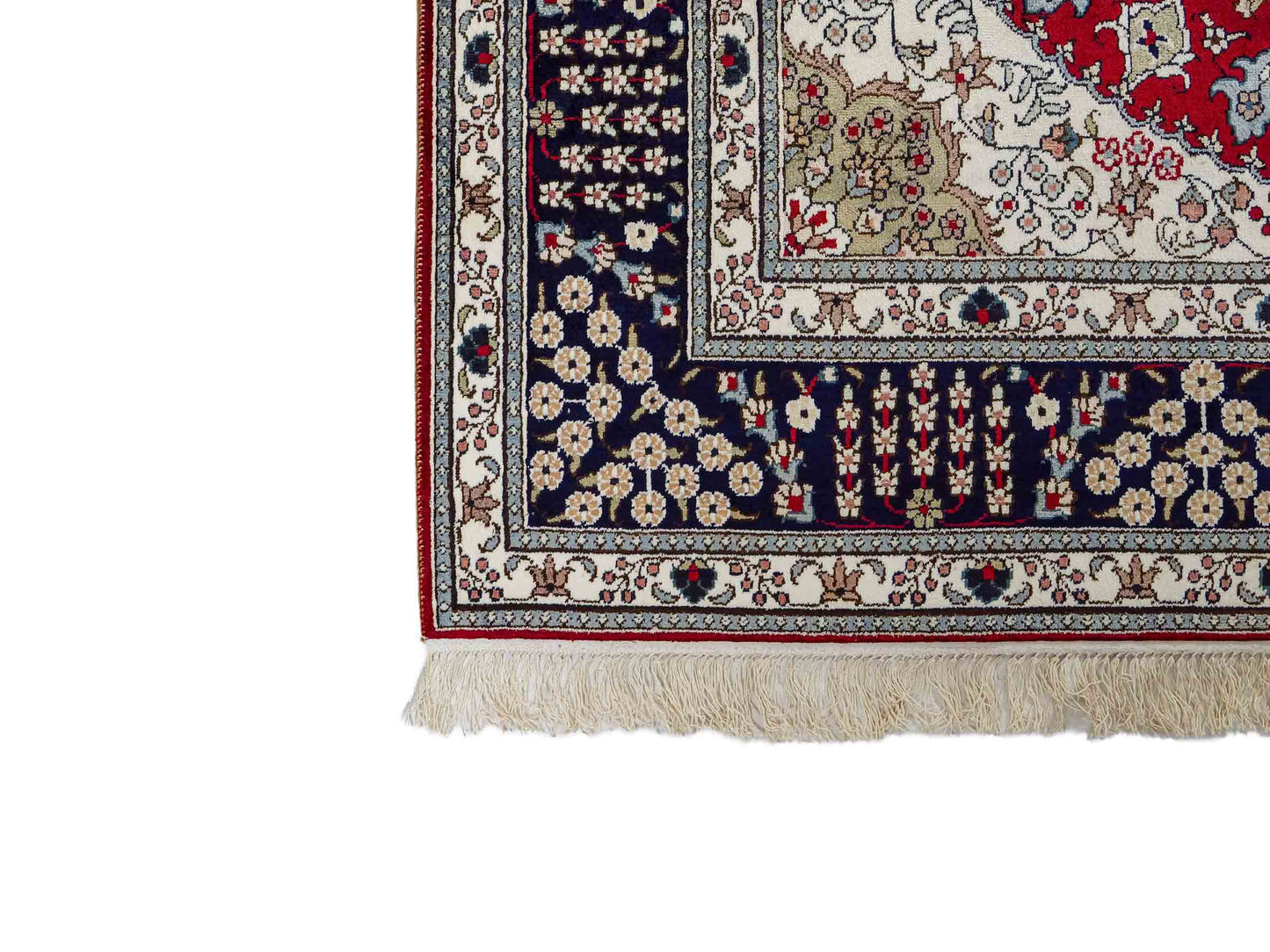 Feiner, handgeknüpfter, chinesischer Orientteppich mit Nain Design aus Kunstseide, rot, blau, creme. 246x152 cm. Verkauf durch Jupiter Intl.