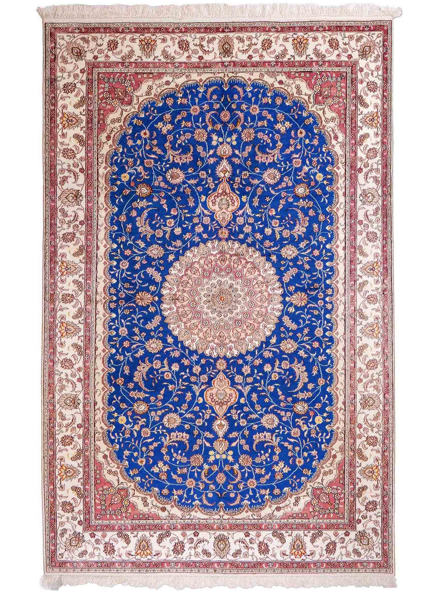 Feiner, handgefknüpfter, chinesischer Orientteppich mit Nain Design aus Kunstseide, blau, creme, weiß. 247x155 cm. Verkauf durch Jupiter Intl.